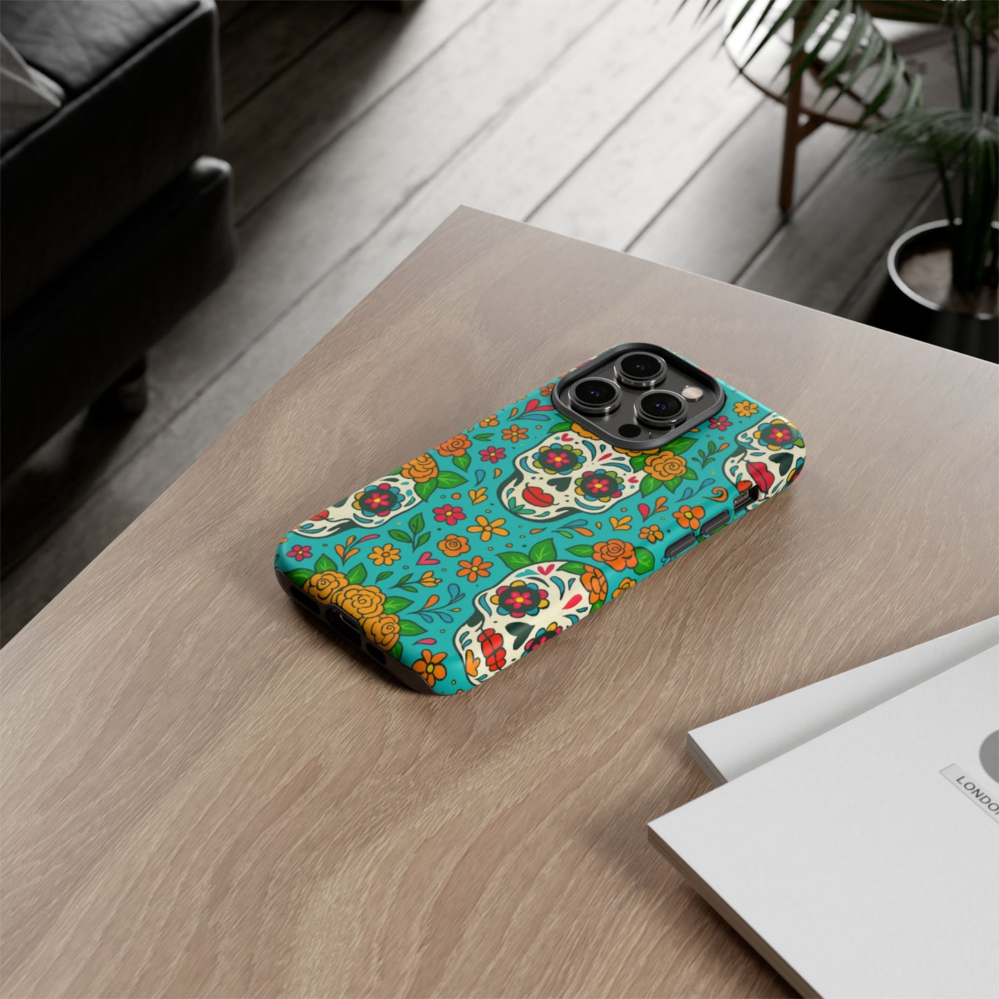 Teal Mexican Style Phone Cases With Floral Skulls - Dia De Los Muertos