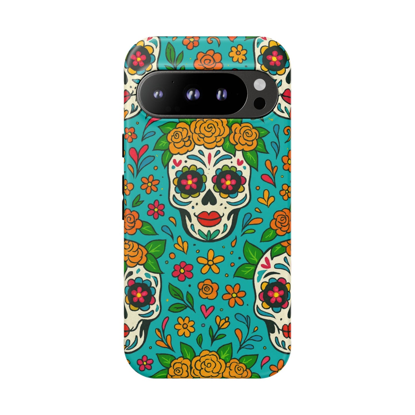 Teal Mexican Style Phone Cases With Floral Skulls - Dia De Los Muertos