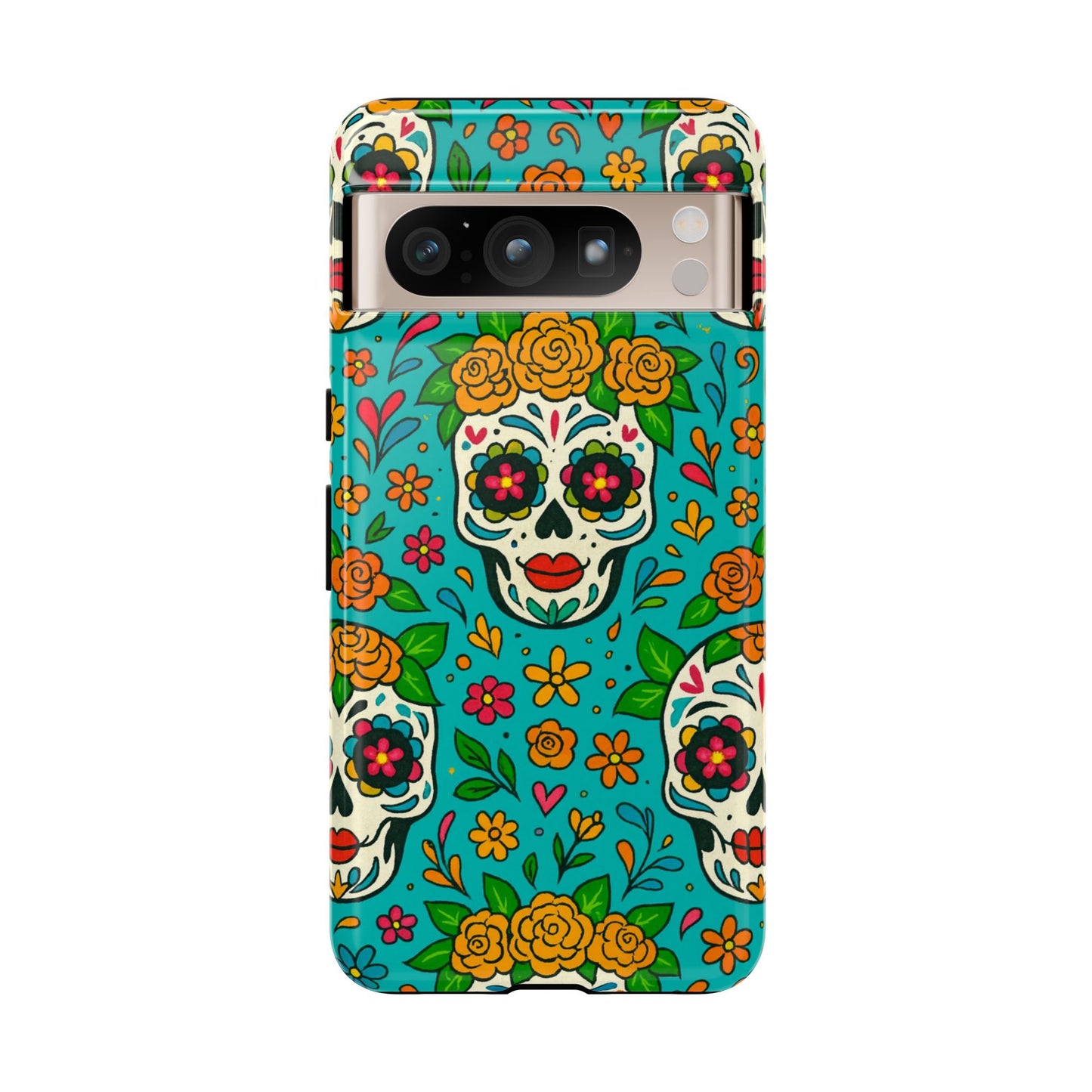 Teal Mexican Style Phone Cases With Floral Skulls - Dia De Los Muertos