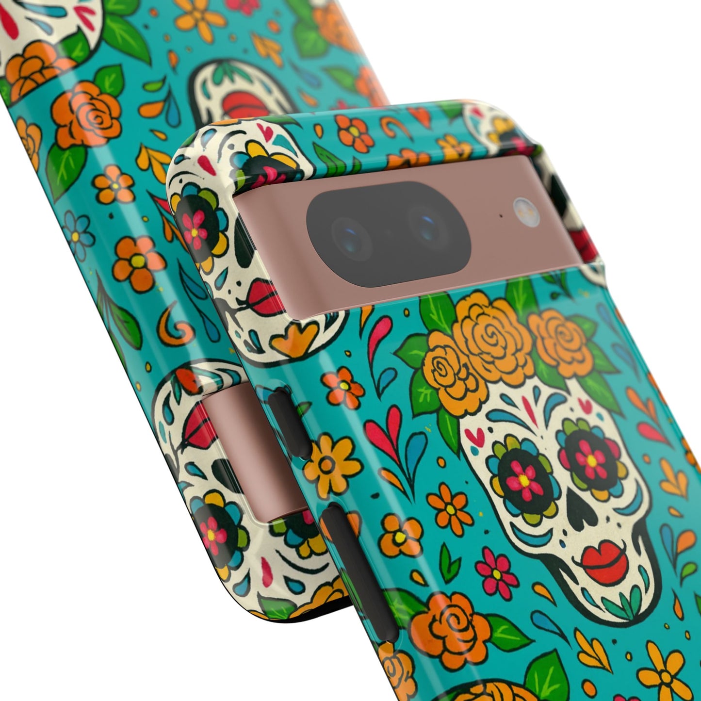Teal Mexican Style Phone Cases With Floral Skulls - Dia De Los Muertos