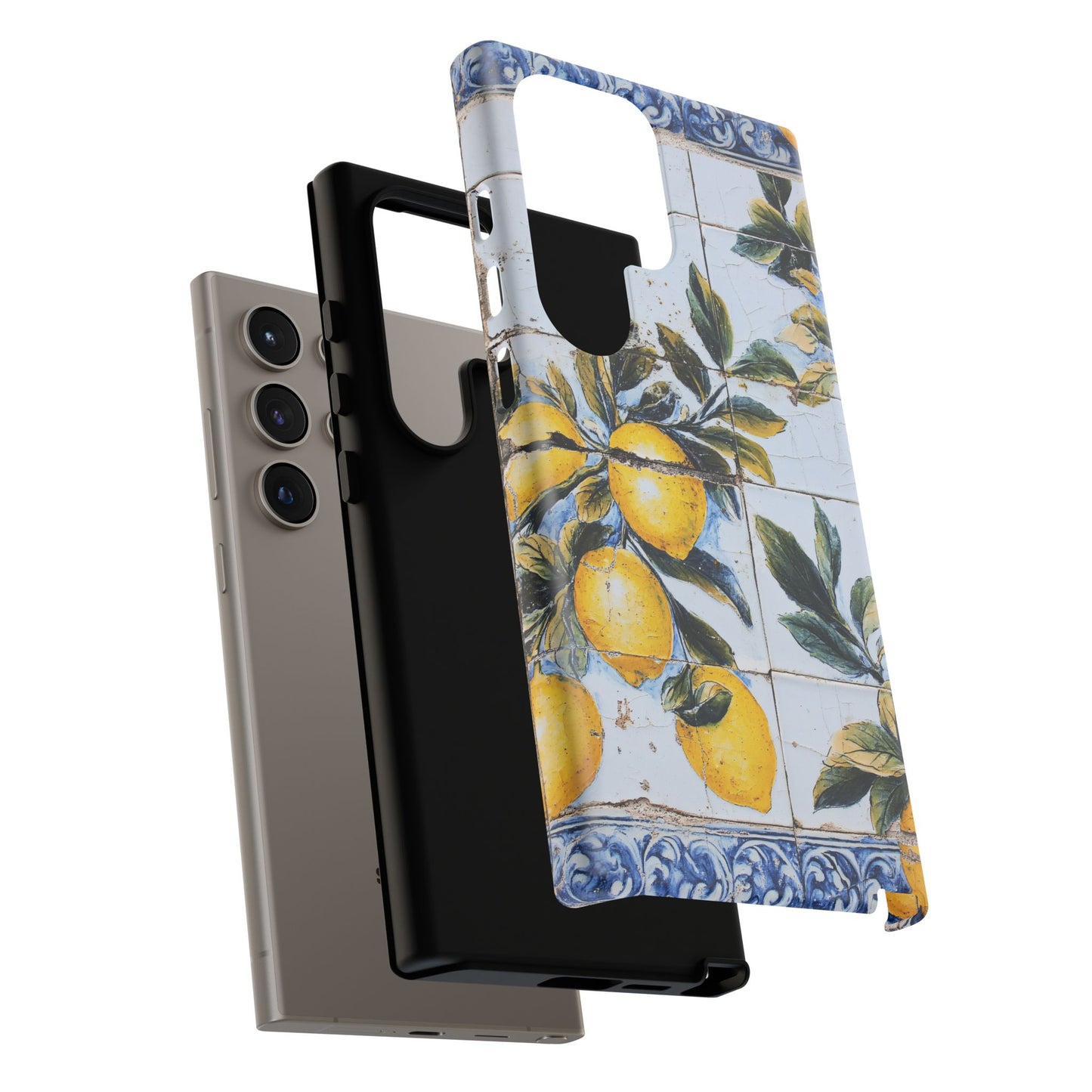 Phone Case, Coastal Tough Case With Lemons in Distressed Ceramic Tile Design, Protective Cover, Summer Accessory, Mediterranean Style iPhone