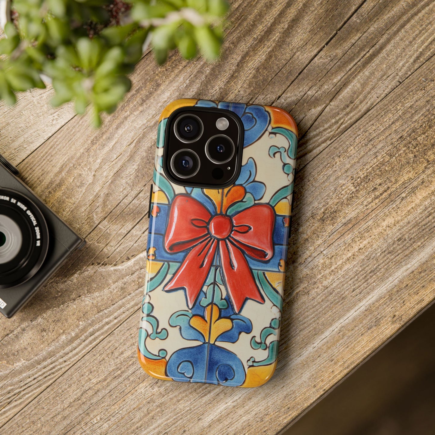 Colourful Ceramic Tile Design Phone Case With Red Bow
