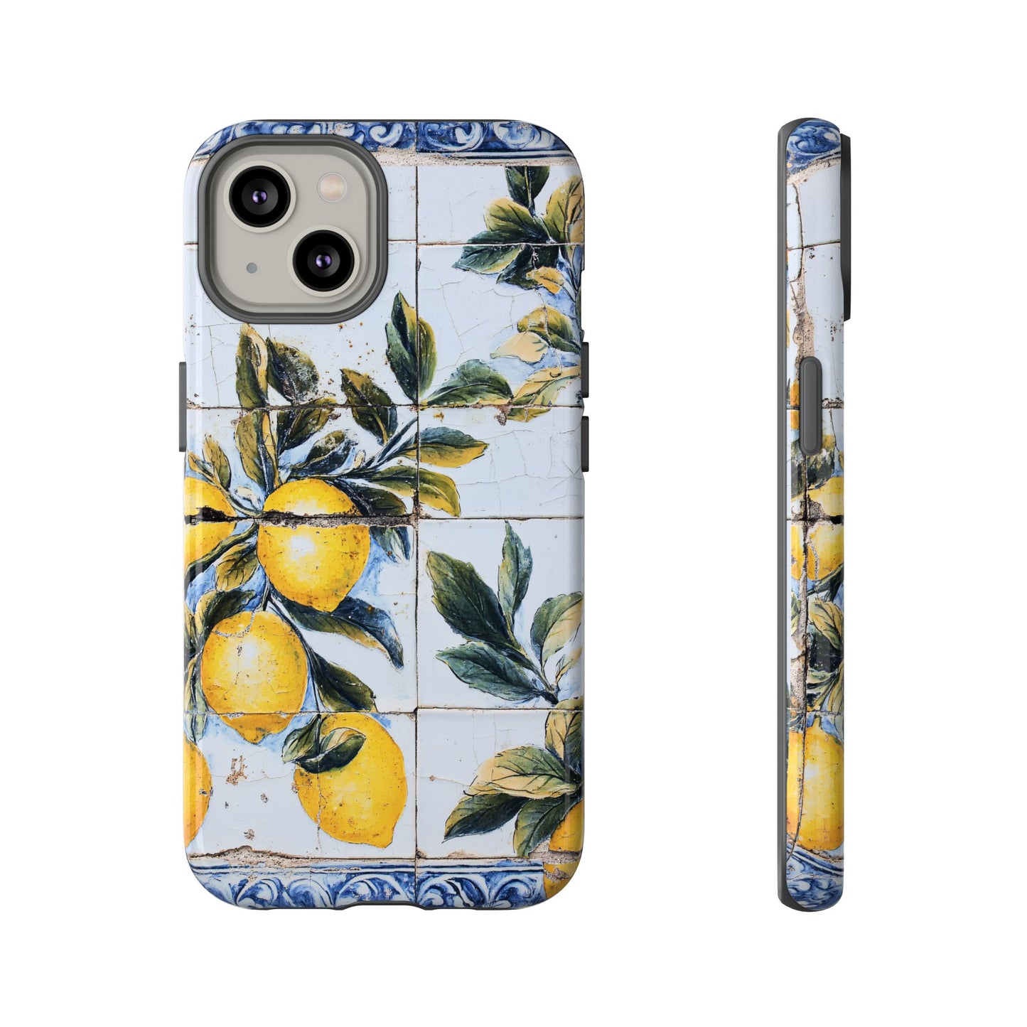 Phone Case, Coastal Tough Case With Lemons in Distressed Ceramic Tile Design, Protective Cover, Summer Accessory, Mediterranean Style iPhone
