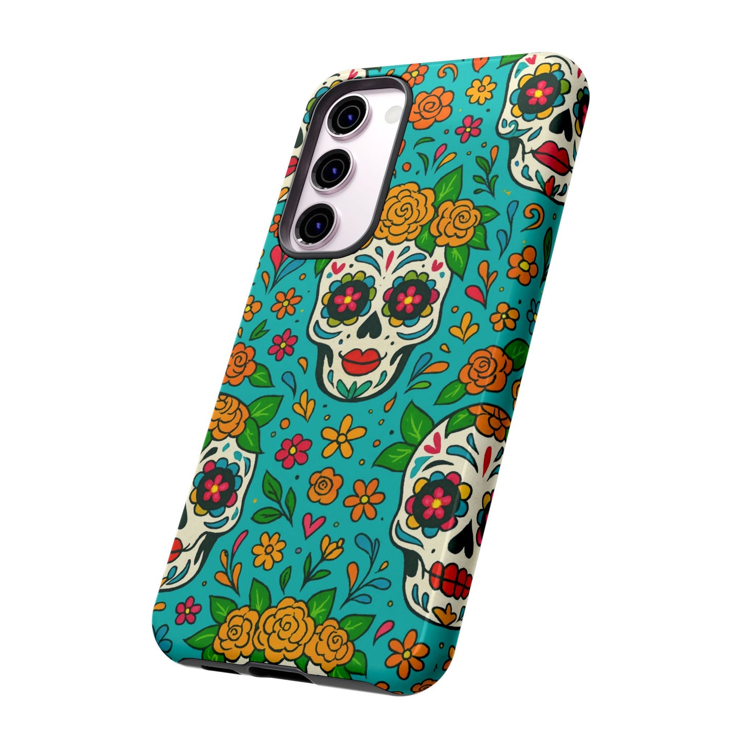Teal Mexican Style Phone Cases With Floral Skulls - Dia De Los Muertos