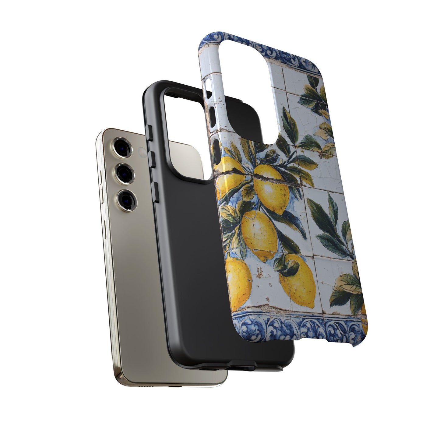Phone Case, Coastal Tough Case With Lemons in Distressed Ceramic Tile Design, Protective Cover, Summer Accessory, Mediterranean Style iPhone