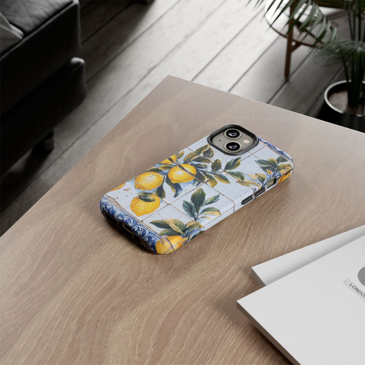 Phone Case, Coastal Tough Case With Lemons in Distressed Ceramic Tile Design, Protective Cover, Summer Accessory, Mediterranean Style iPhone