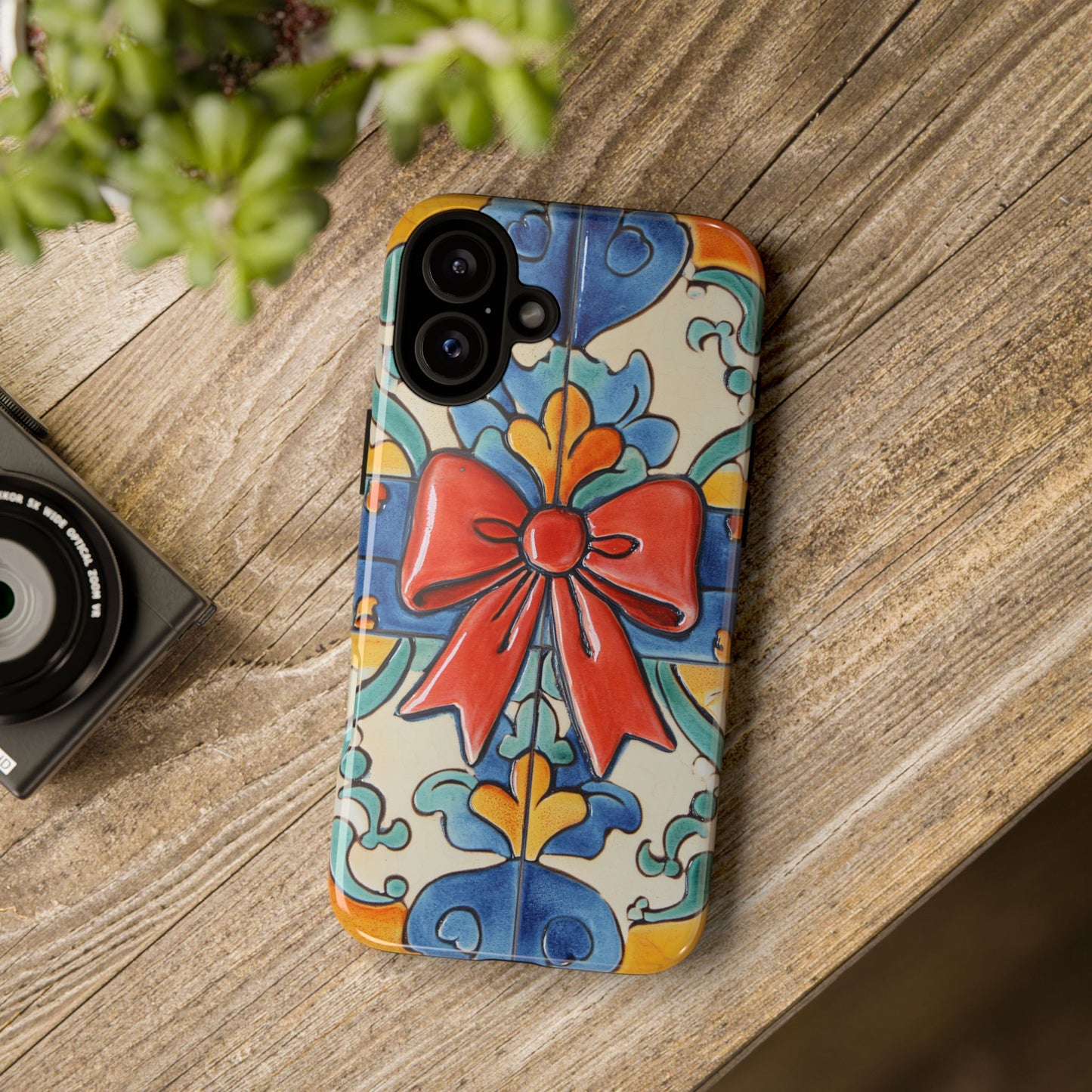 Colourful Ceramic Tile Design Phone Case With Red Bow