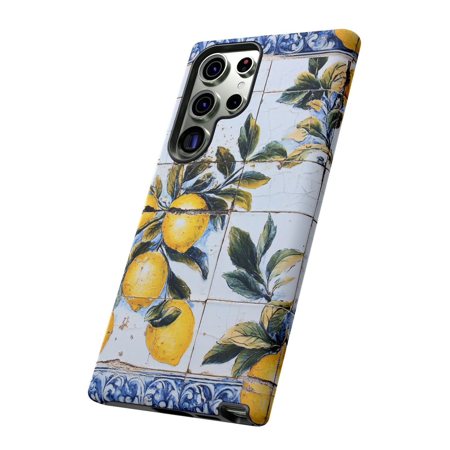 Phone Case, Coastal Tough Case With Lemons in Distressed Ceramic Tile Design, Protective Cover, Summer Accessory, Mediterranean Style iPhone
