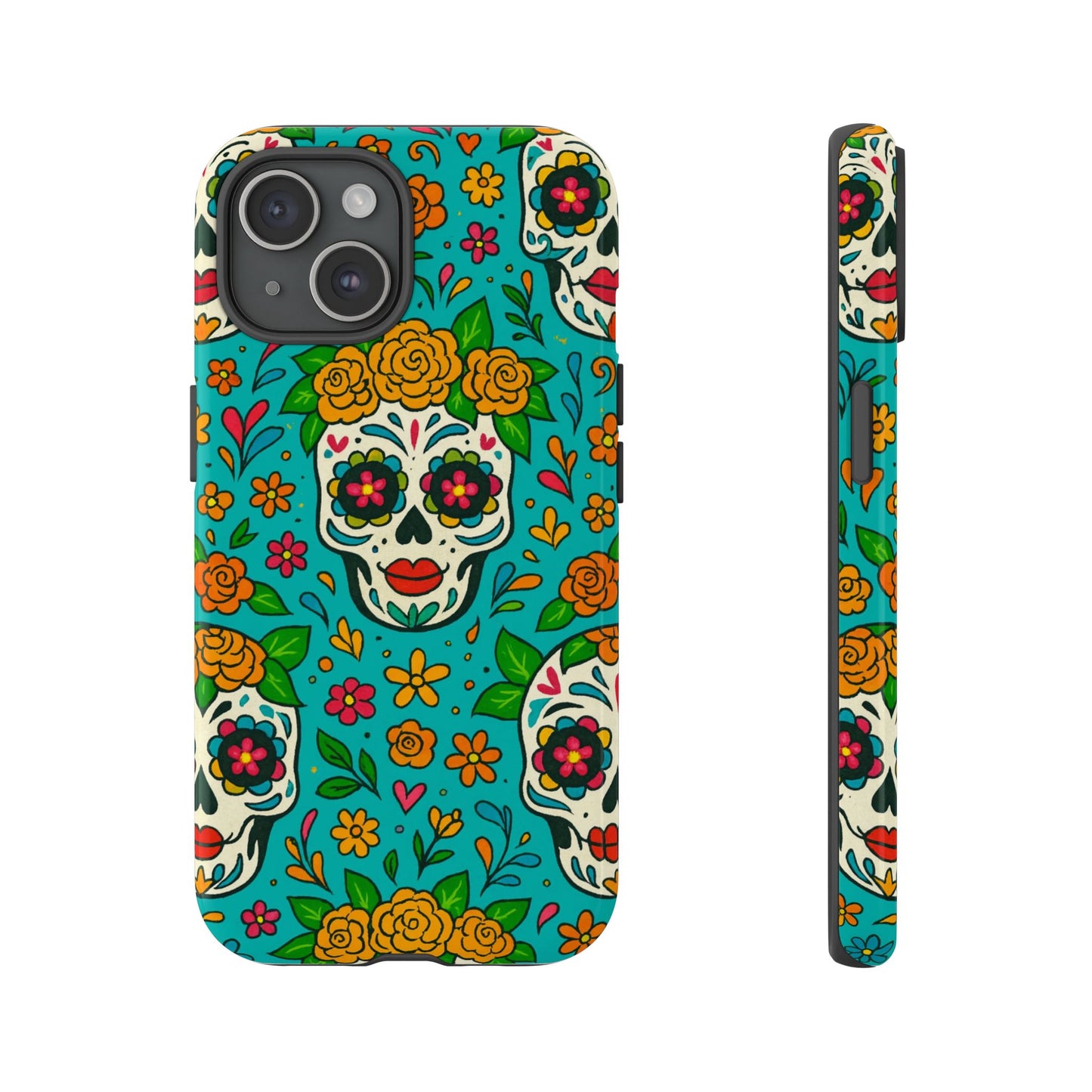 Teal Mexican Style Phone Cases With Floral Skulls - Dia De Los Muertos