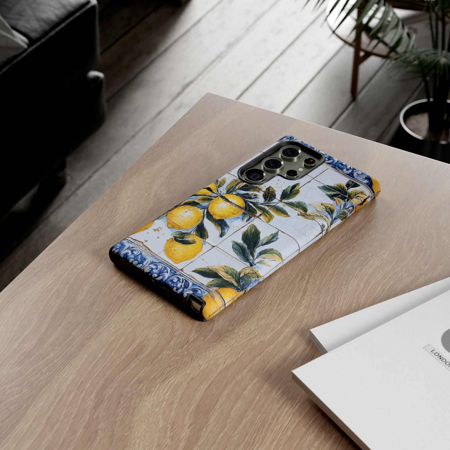 Phone Case, Coastal Tough Case With Lemons in Distressed Ceramic Tile Design, Protective Cover, Summer Accessory, Mediterranean Style iPhone