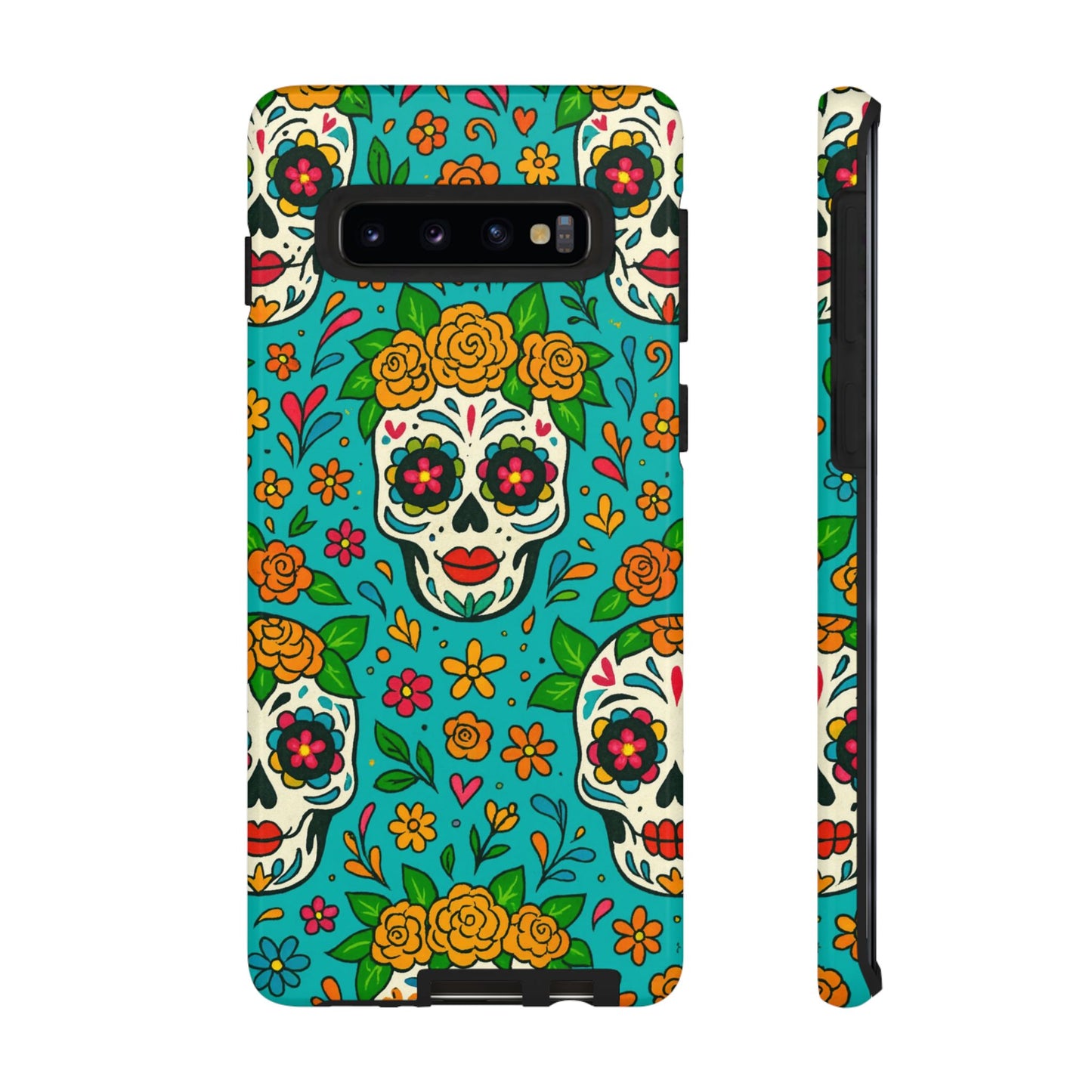 Teal Mexican Style Phone Cases With Floral Skulls - Dia De Los Muertos