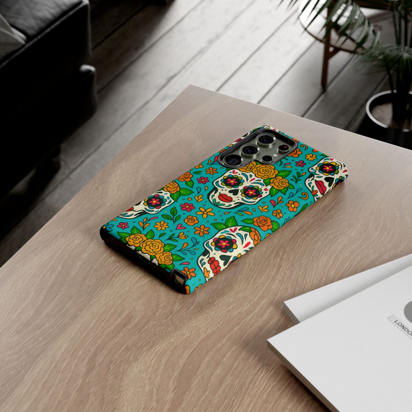 Teal Mexican Style Phone Cases With Floral Skulls - Dia De Los Muertos