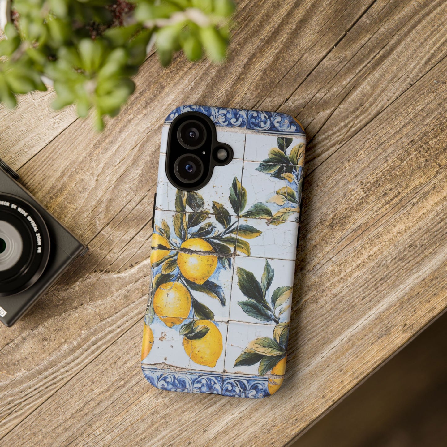 Phone Case, Coastal Tough Case With Lemons in Distressed Ceramic Tile Design, Protective Cover, Summer Accessory, Mediterranean Style iPhone