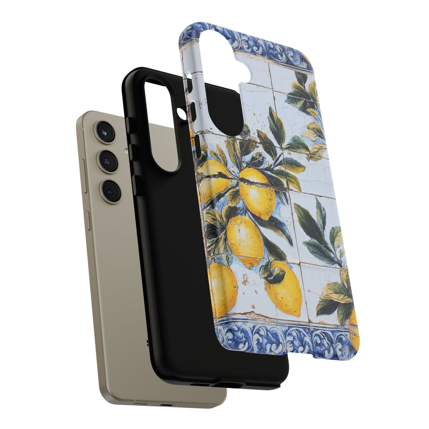 Phone Case, Coastal Tough Case With Lemons in Distressed Ceramic Tile Design, Protective Cover, Summer Accessory, Mediterranean Style iPhone