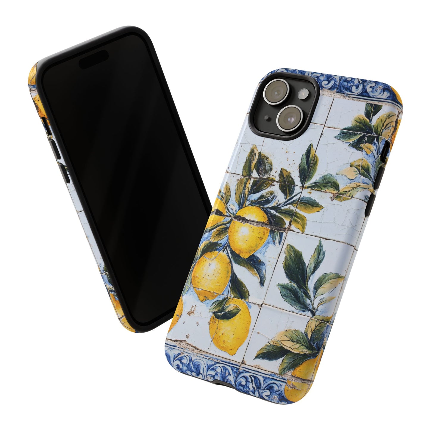 Phone Case, Coastal Tough Case With Lemons in Distressed Ceramic Tile Design, Protective Cover, Summer Accessory, Mediterranean Style iPhone