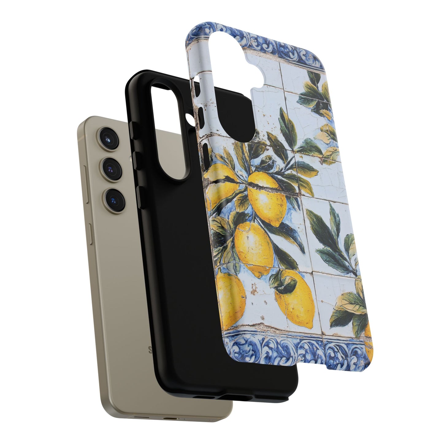 Phone Case, Coastal Tough Case With Lemons in Distressed Ceramic Tile Design, Protective Cover, Summer Accessory, Mediterranean Style iPhone