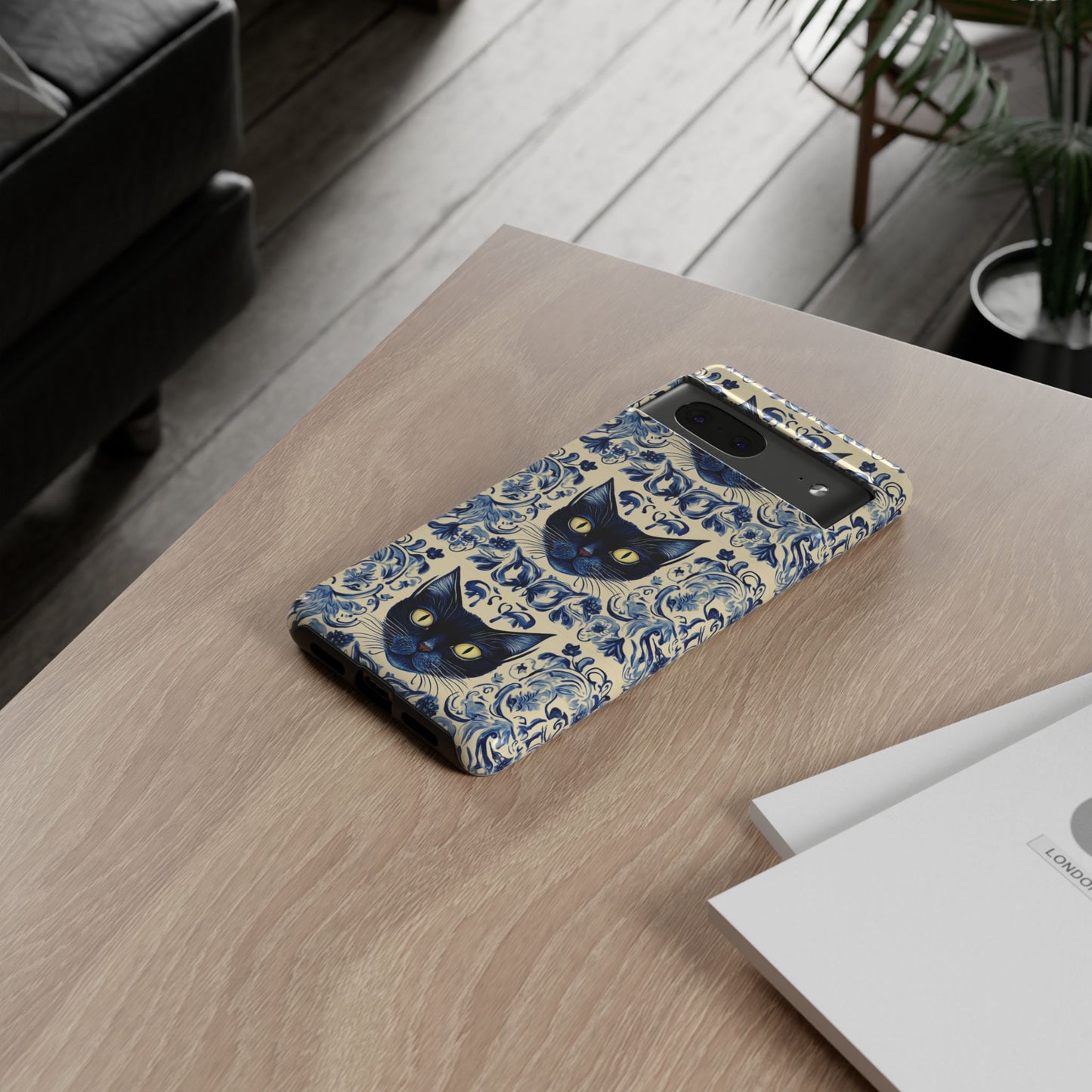 Tough Phone Case - Mediterranean Tile Motif With Blue Cats