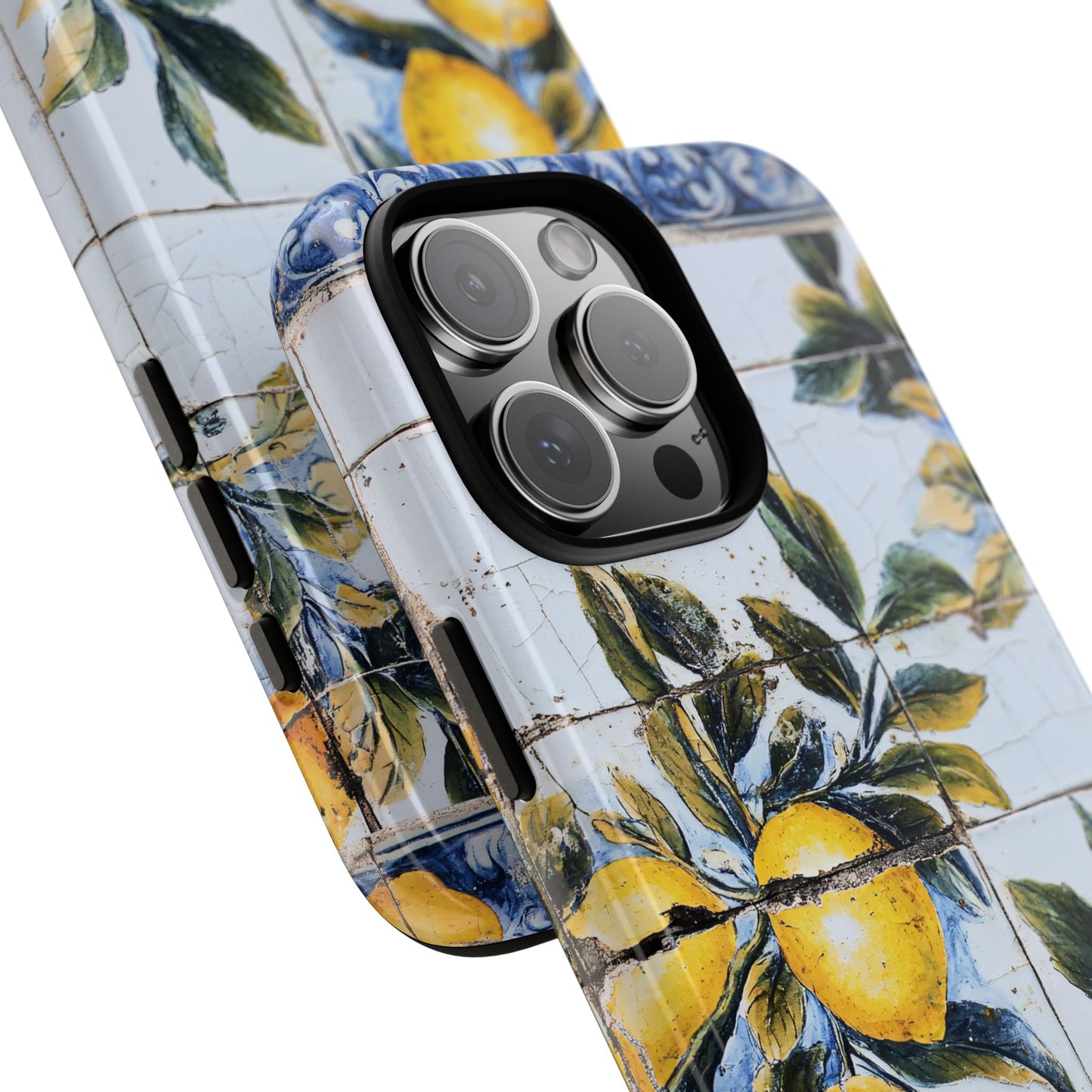Phone Case, Coastal Tough Case With Lemons in Distressed Ceramic Tile Design, Protective Cover, Summer Accessory, Mediterranean Style iPhone
