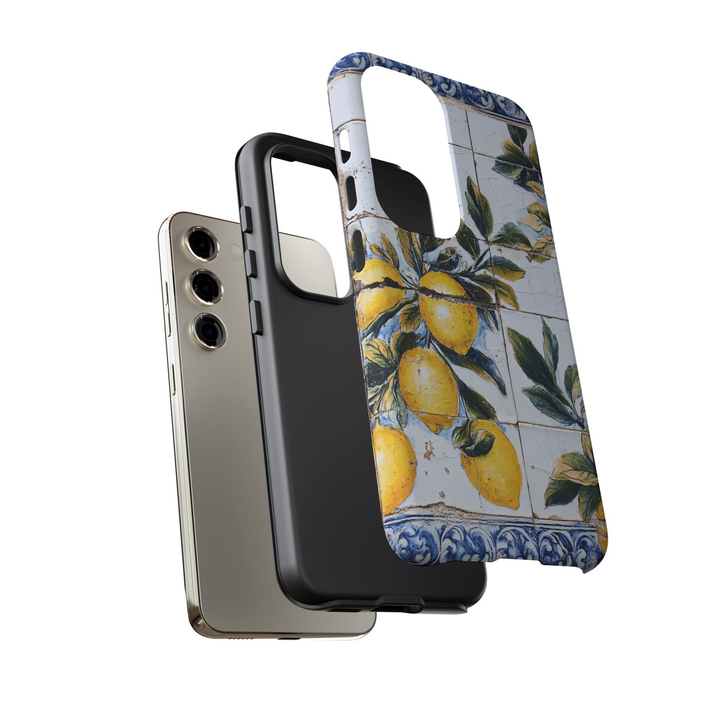 Phone Case, Coastal Tough Case With Lemons in Distressed Ceramic Tile Design, Protective Cover, Summer Accessory, Mediterranean Style iPhone