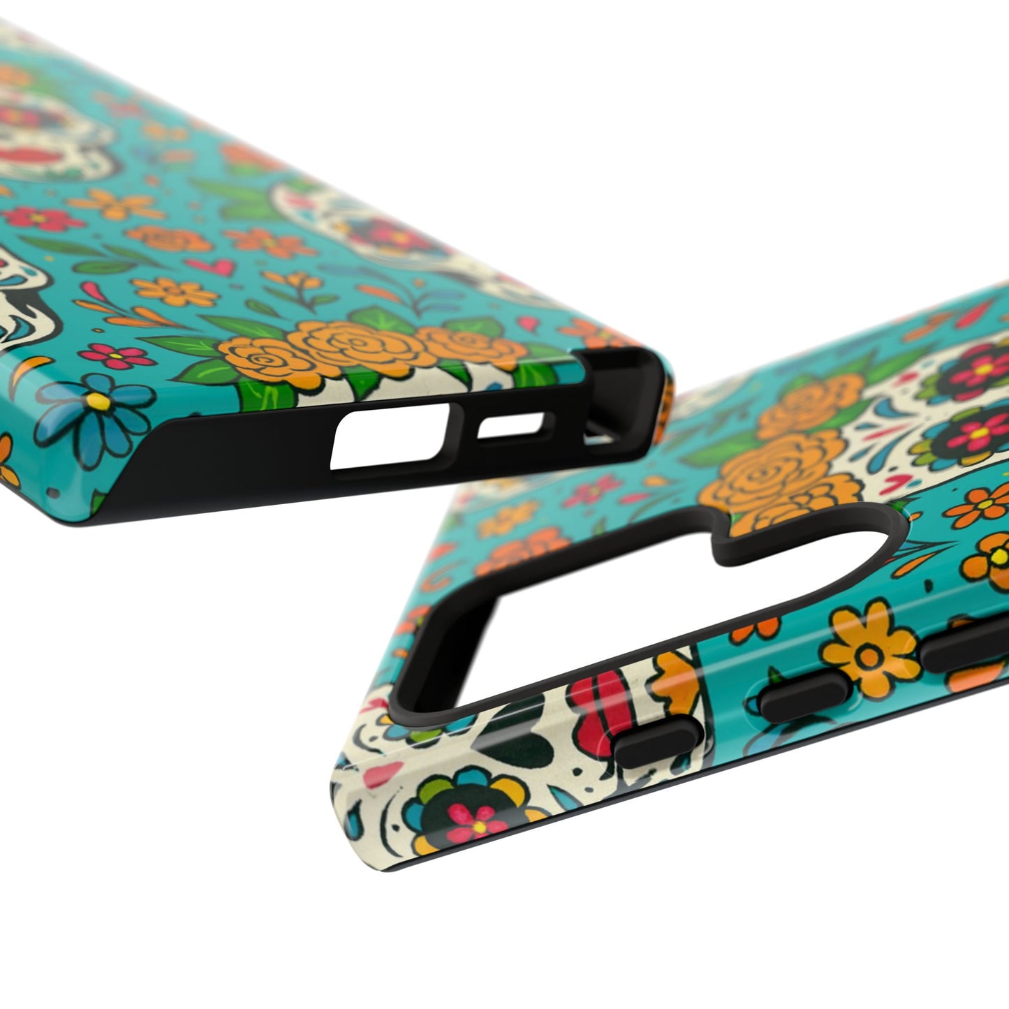 Teal Mexican Style Phone Cases With Floral Skulls - Dia De Los Muertos