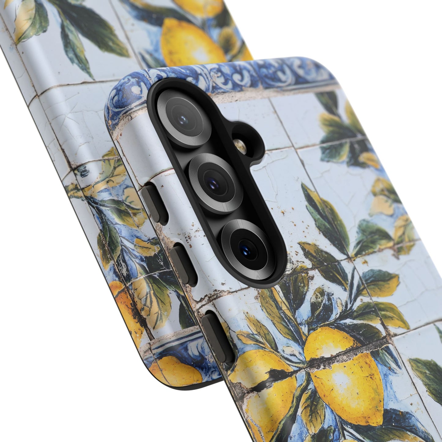 Phone Case, Coastal Tough Case With Lemons in Distressed Ceramic Tile Design, Protective Cover, Summer Accessory, Mediterranean Style iPhone