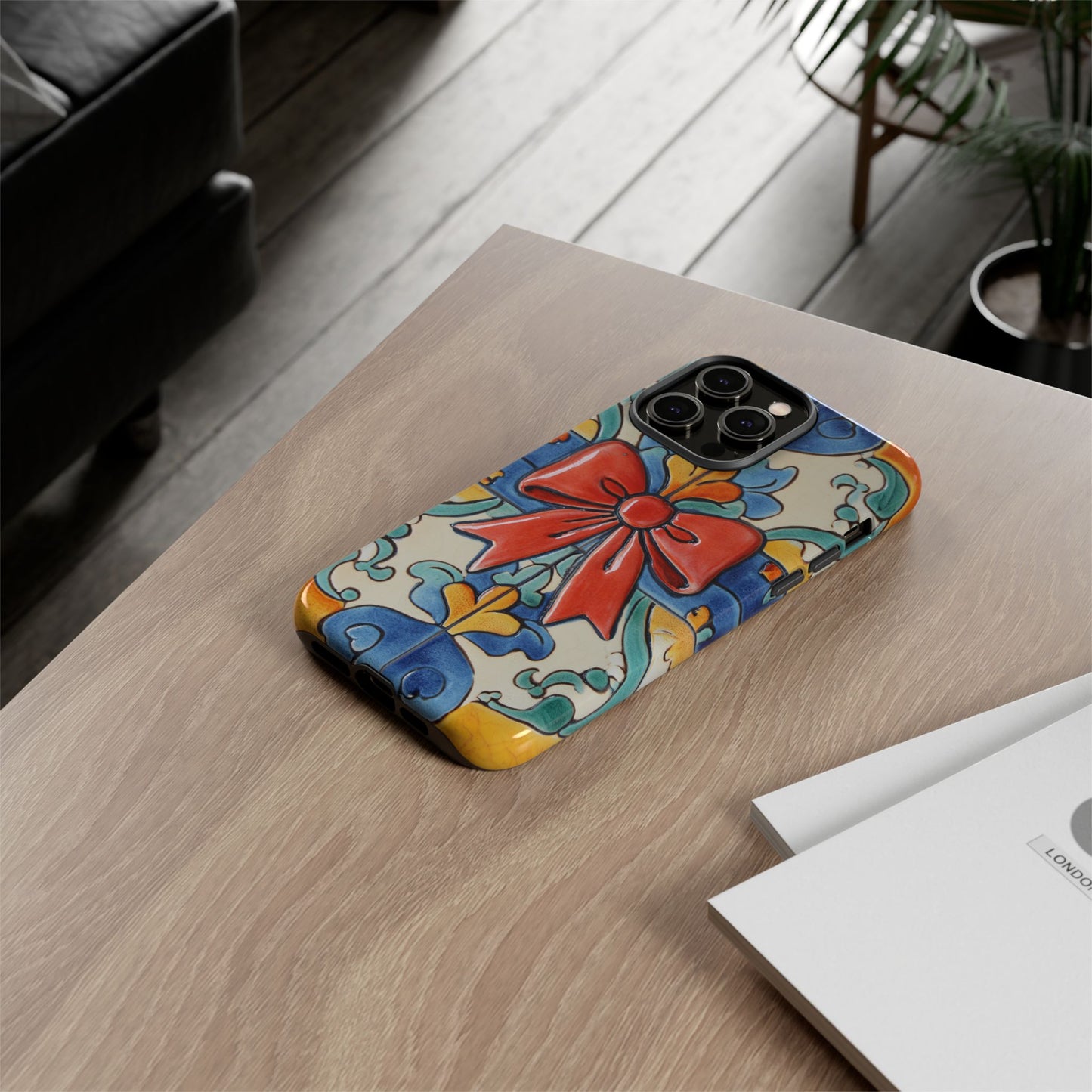 Colourful Ceramic Tile Design Phone Case With Red Bow