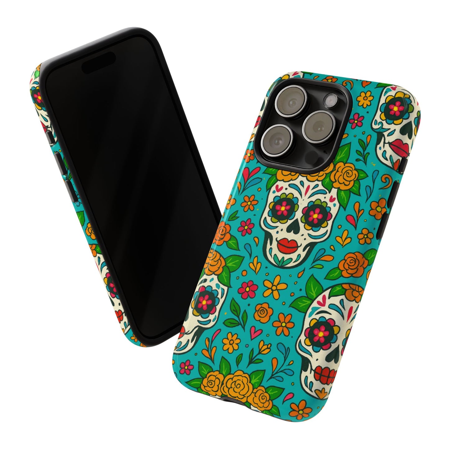 Teal Mexican Style Phone Cases With Floral Skulls - Dia De Los Muertos