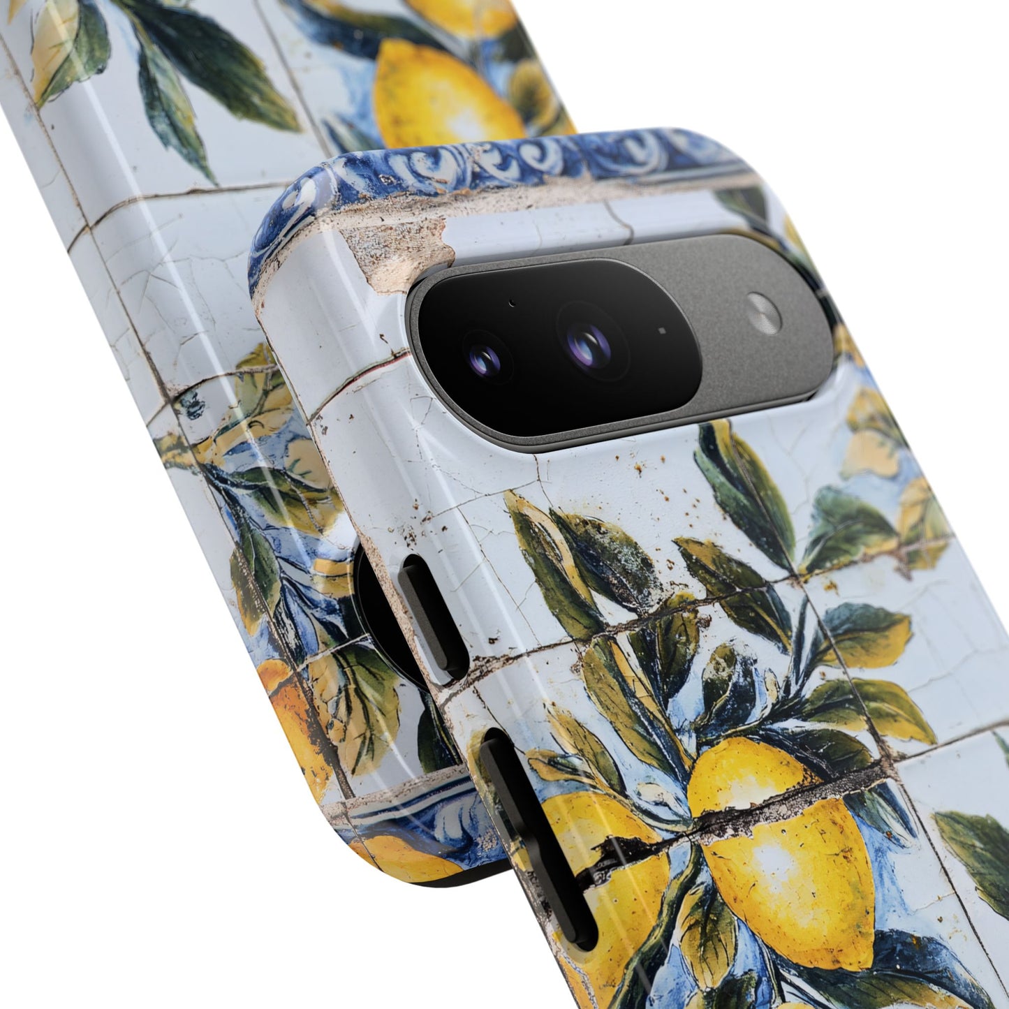 Phone Case, Coastal Tough Case With Lemons in Distressed Ceramic Tile Design, Protective Cover, Summer Accessory, Mediterranean Style iPhone