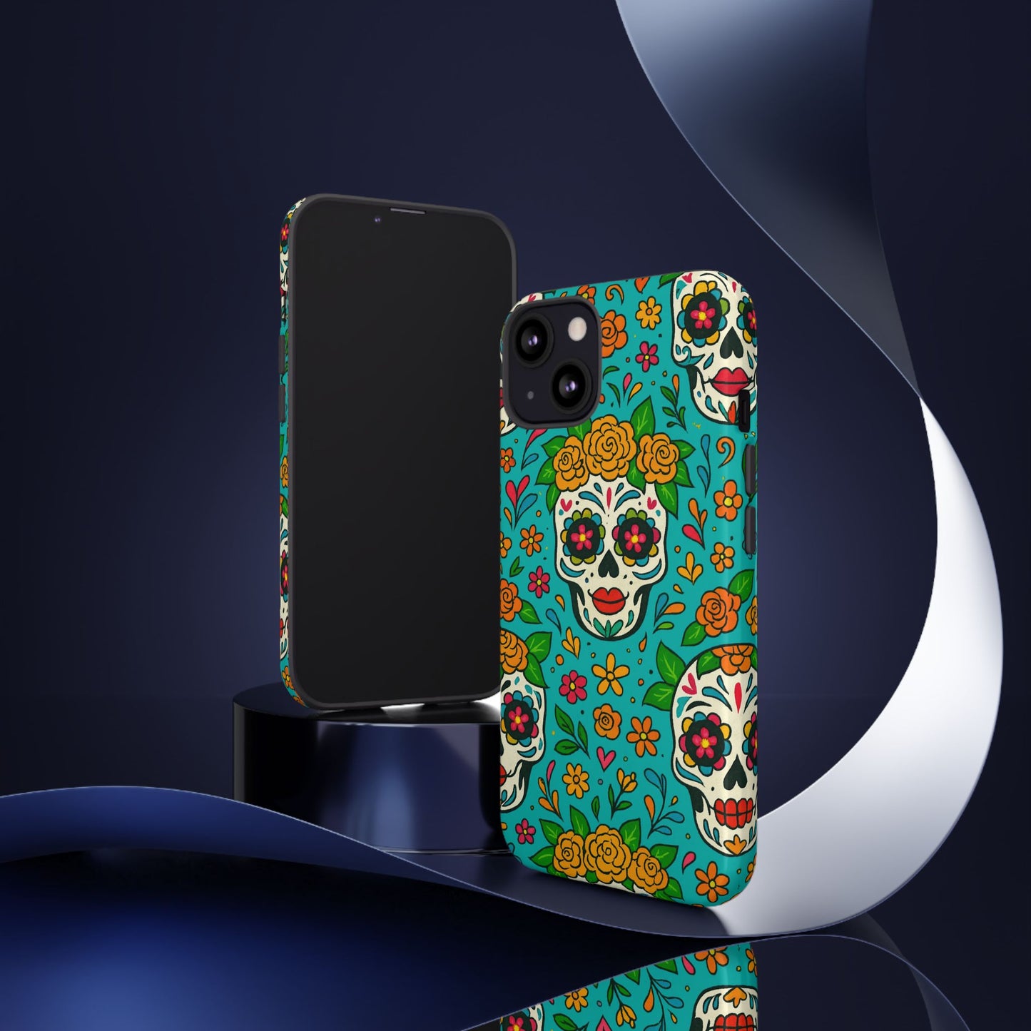 Teal Mexican Style Phone Cases With Floral Skulls - Dia De Los Muertos