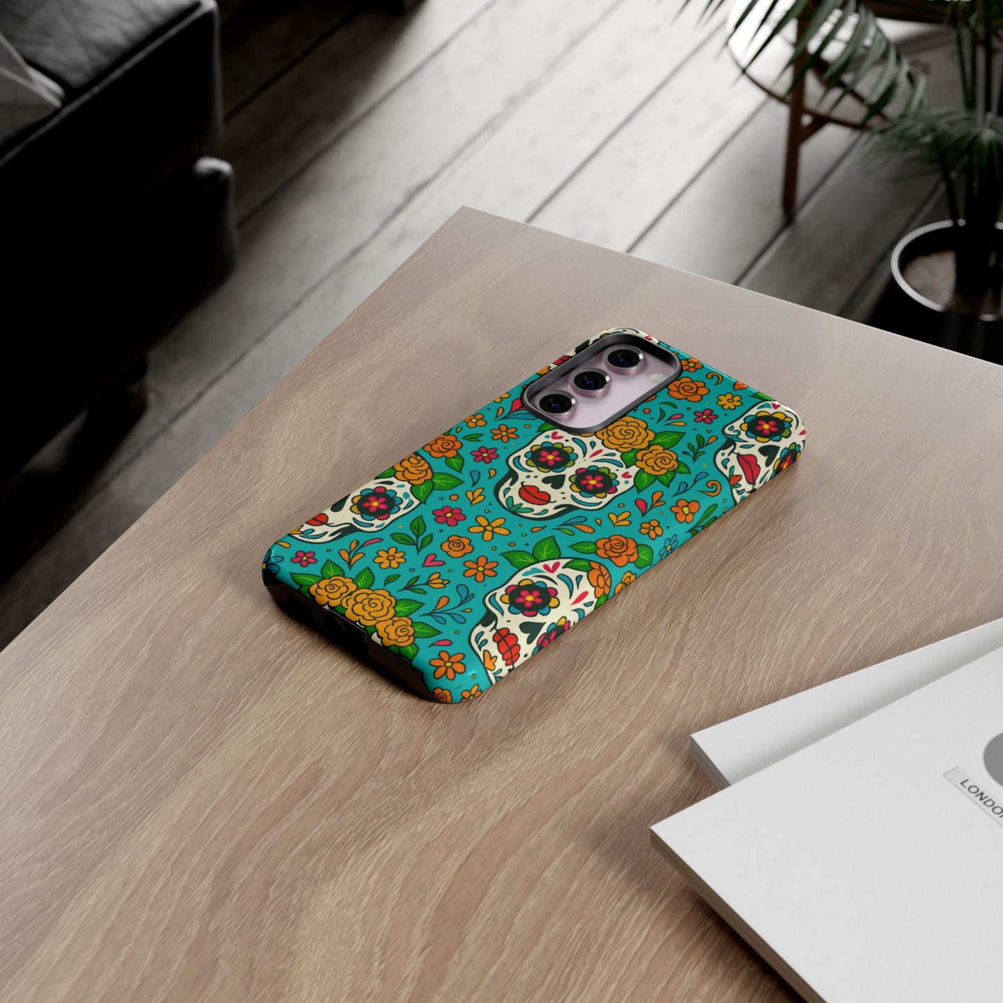 Teal Mexican Style Phone Cases With Floral Skulls - Dia De Los Muertos