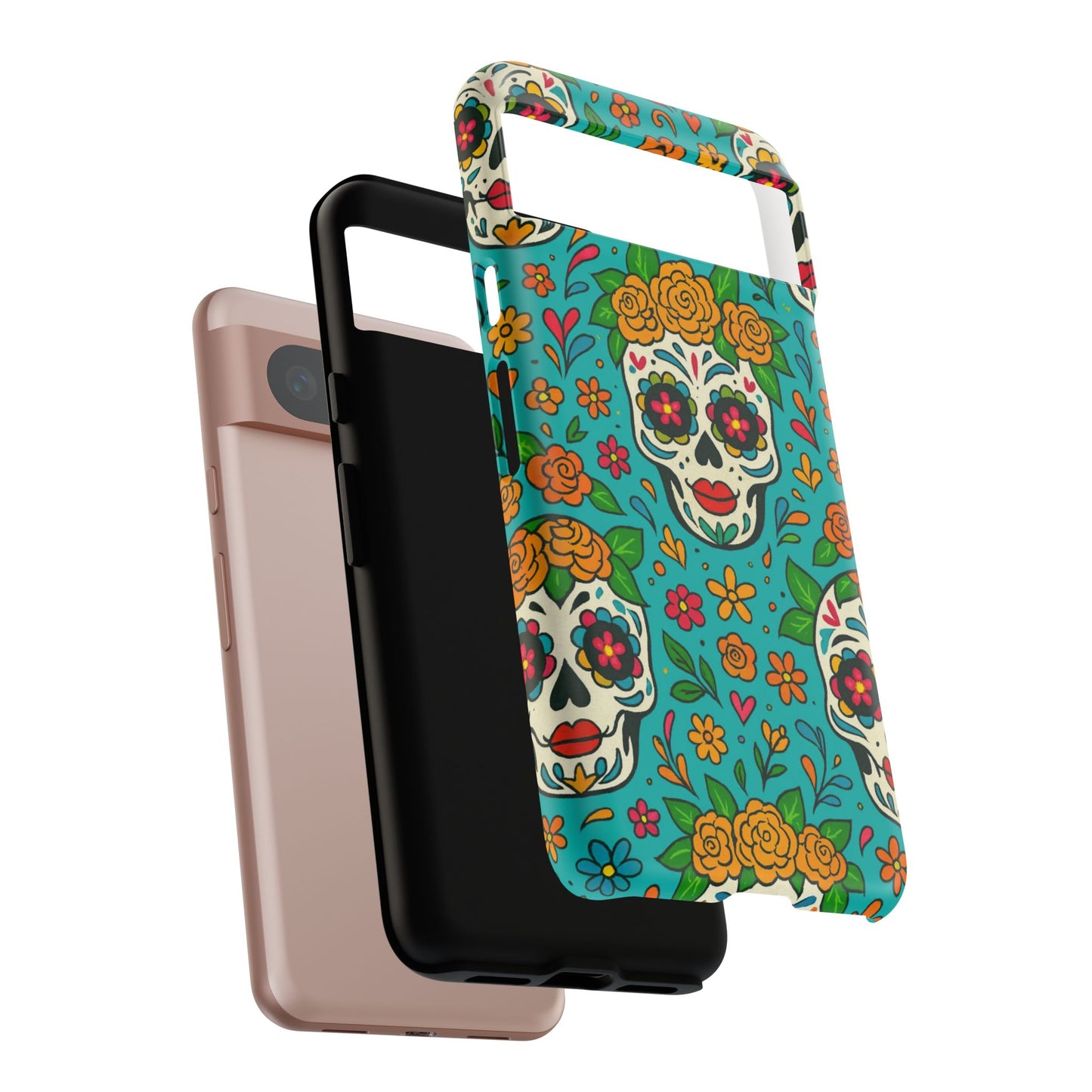 Teal Mexican Style Phone Cases With Floral Skulls - Dia De Los Muertos