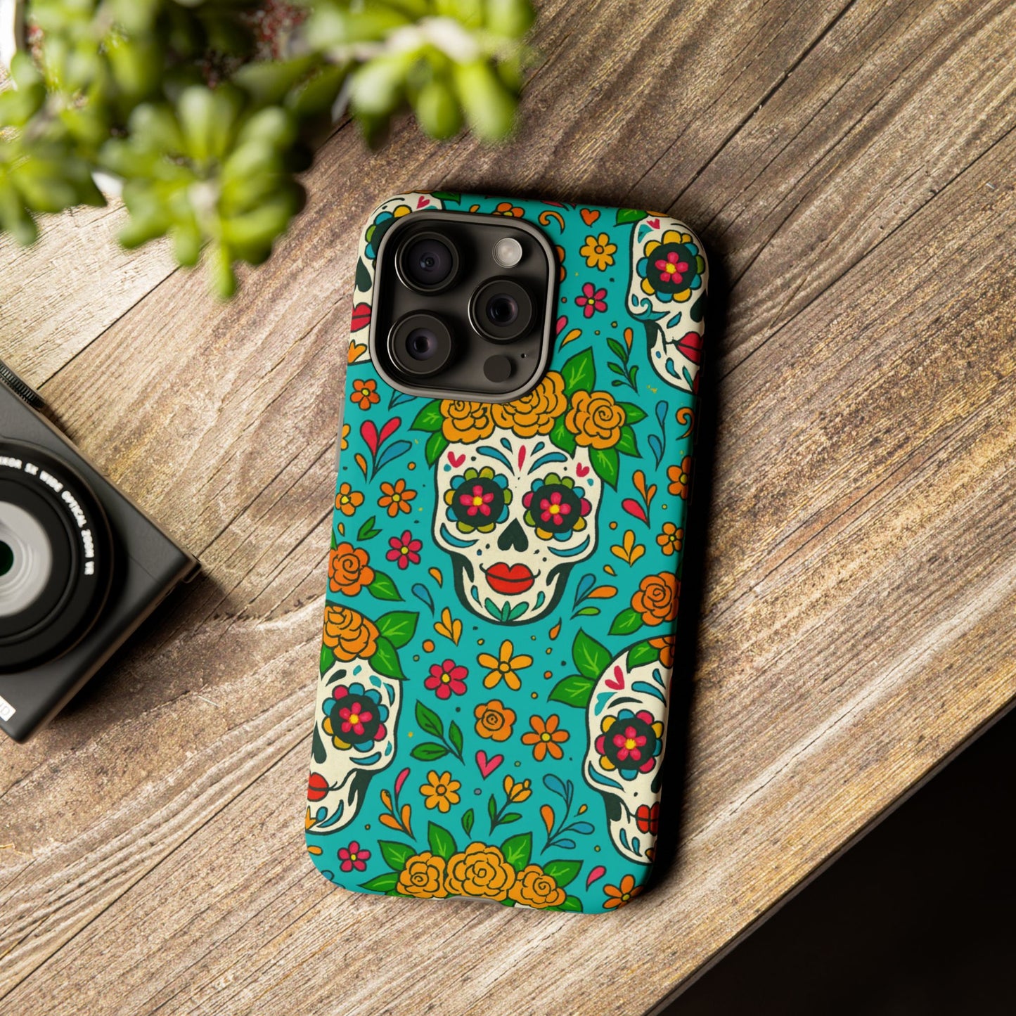 Teal Mexican Style Phone Cases With Floral Skulls - Dia De Los Muertos