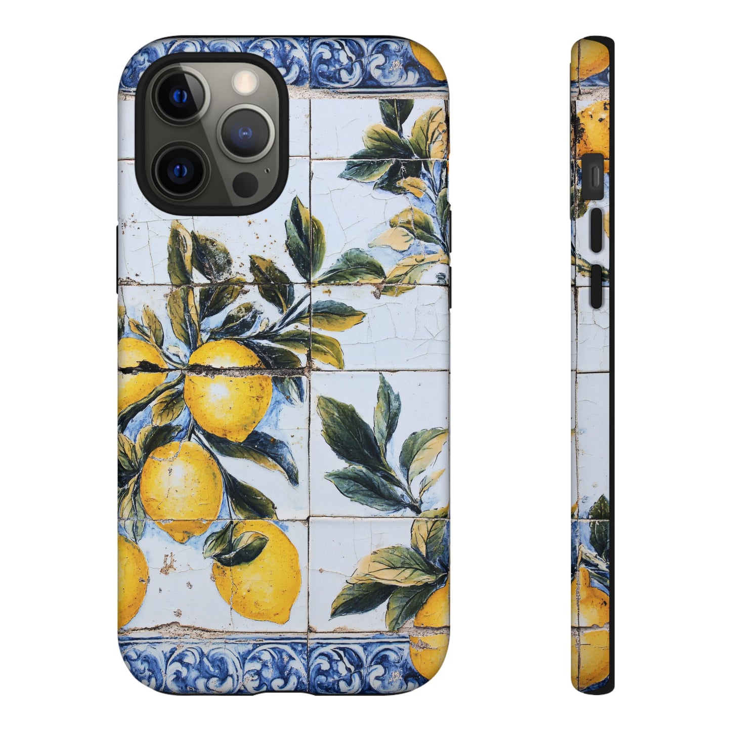 Phone Case, Coastal Tough Case With Lemons in Distressed Ceramic Tile Design, Protective Cover, Summer Accessory, Mediterranean Style iPhone