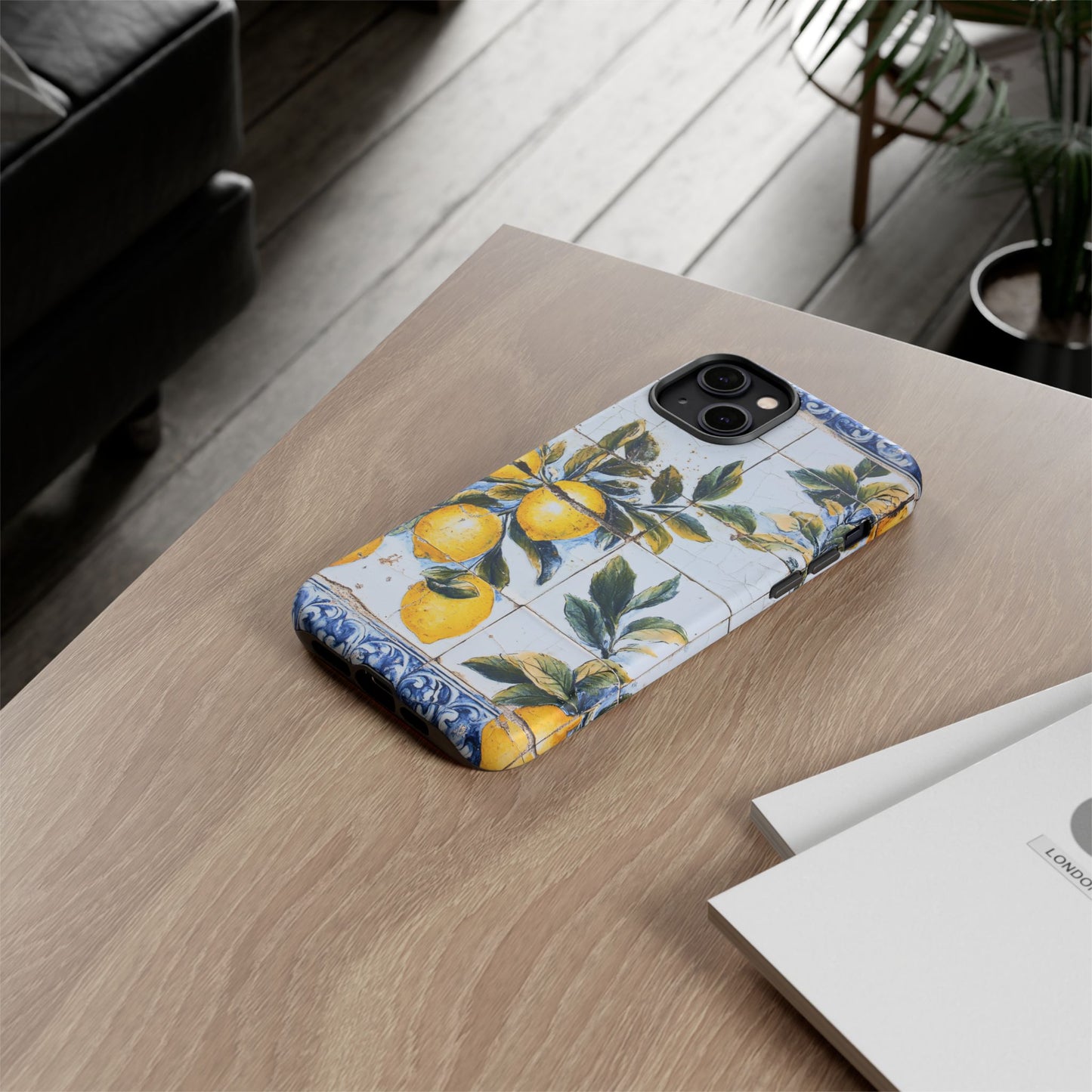 Phone Case, Coastal Tough Case With Lemons in Distressed Ceramic Tile Design, Protective Cover, Summer Accessory, Mediterranean Style iPhone
