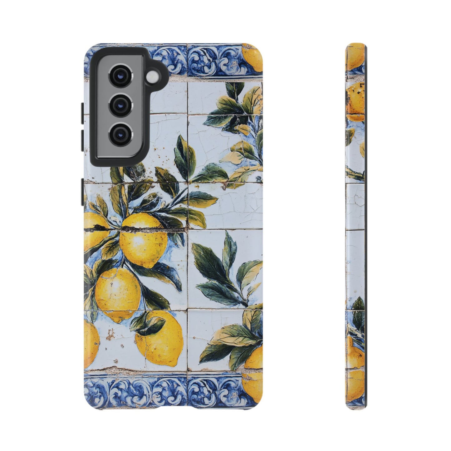 Phone Case, Coastal Tough Case With Lemons in Distressed Ceramic Tile Design, Protective Cover, Summer Accessory, Mediterranean Style iPhone
