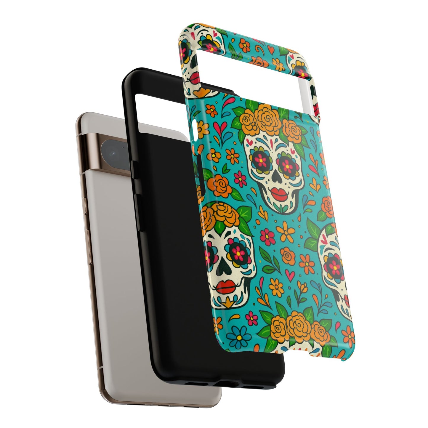 Teal Mexican Style Phone Cases With Floral Skulls - Dia De Los Muertos