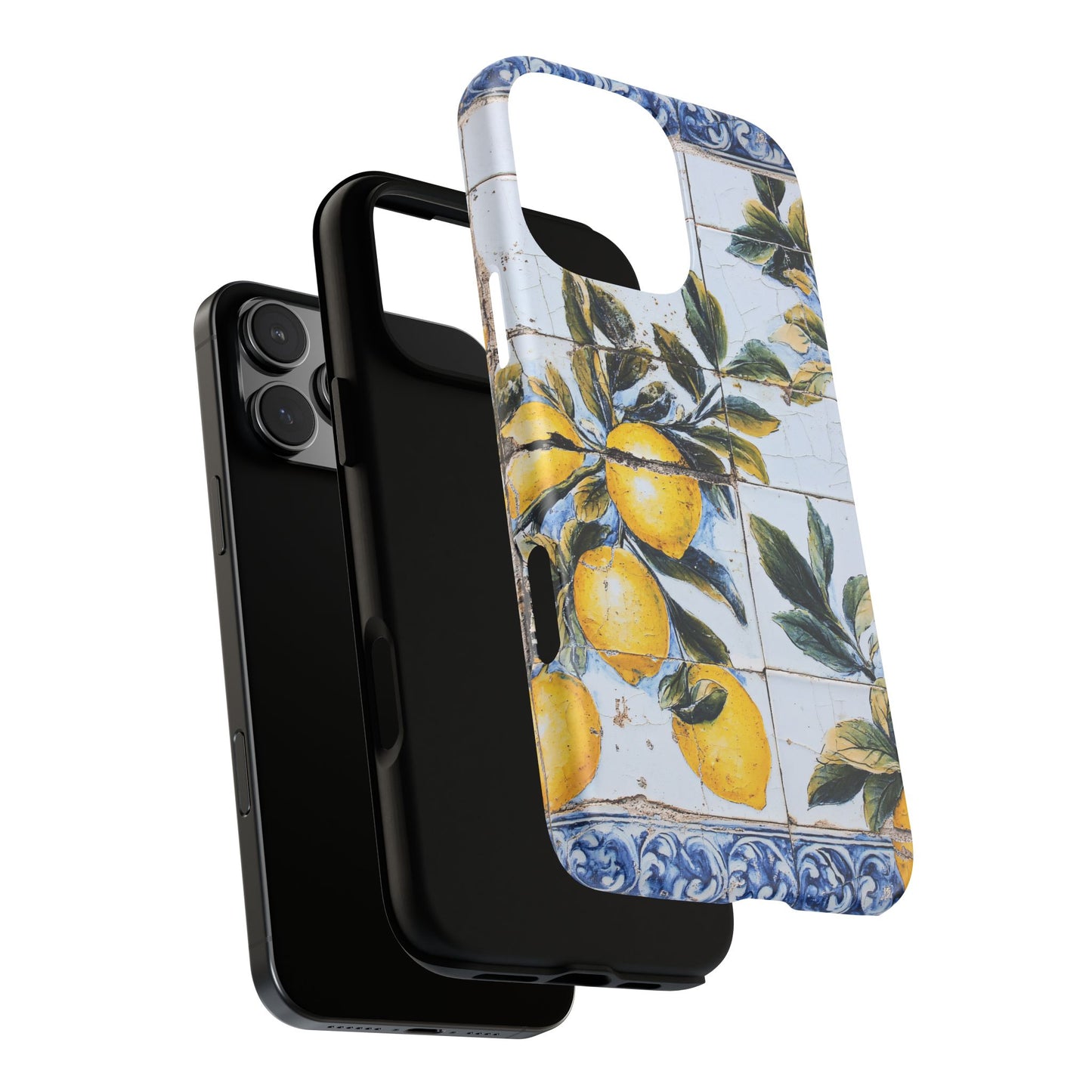 Phone Case, Coastal Tough Case With Lemons in Distressed Ceramic Tile Design, Protective Cover, Summer Accessory, Mediterranean Style iPhone