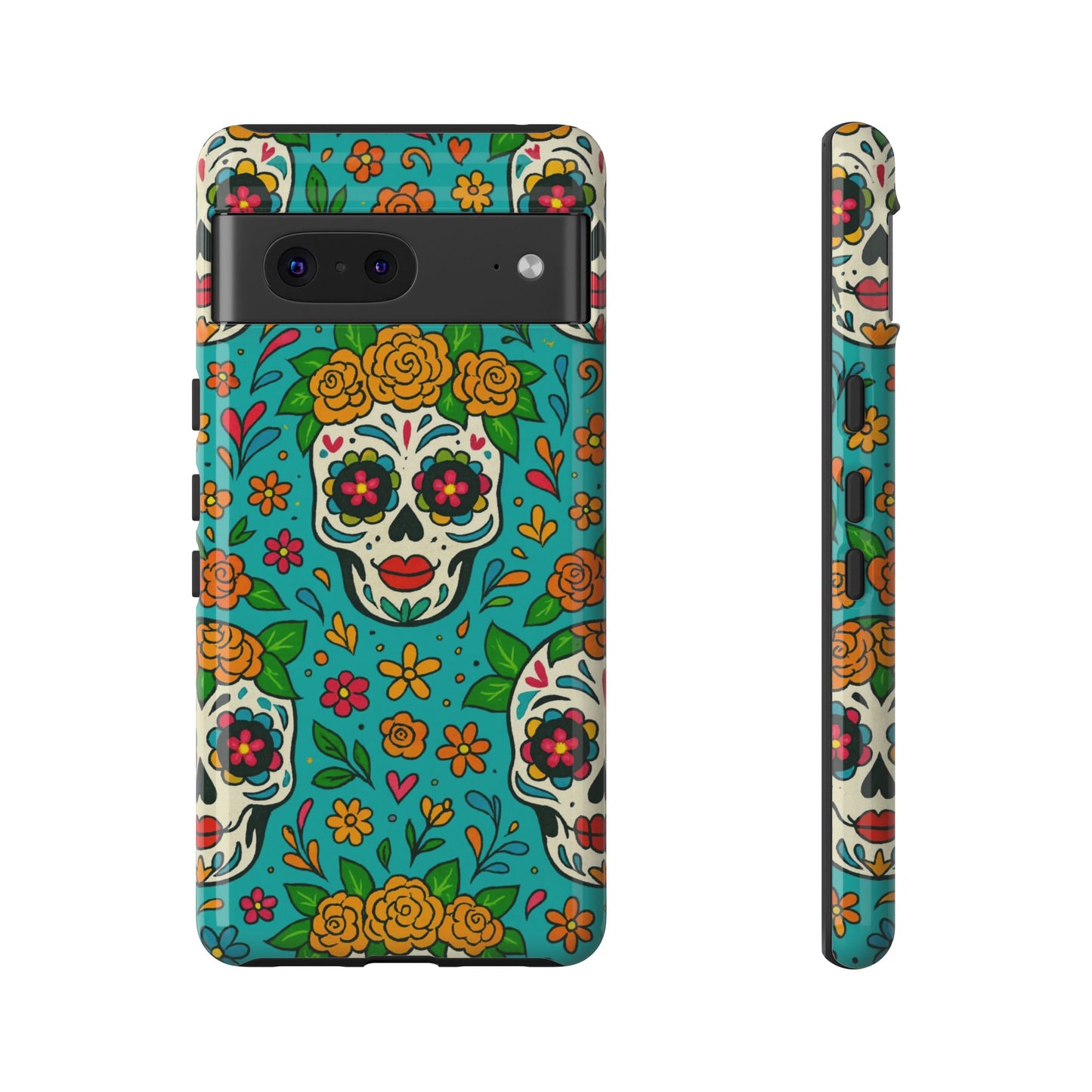 Teal Mexican Style Phone Cases With Floral Skulls - Dia De Los Muertos