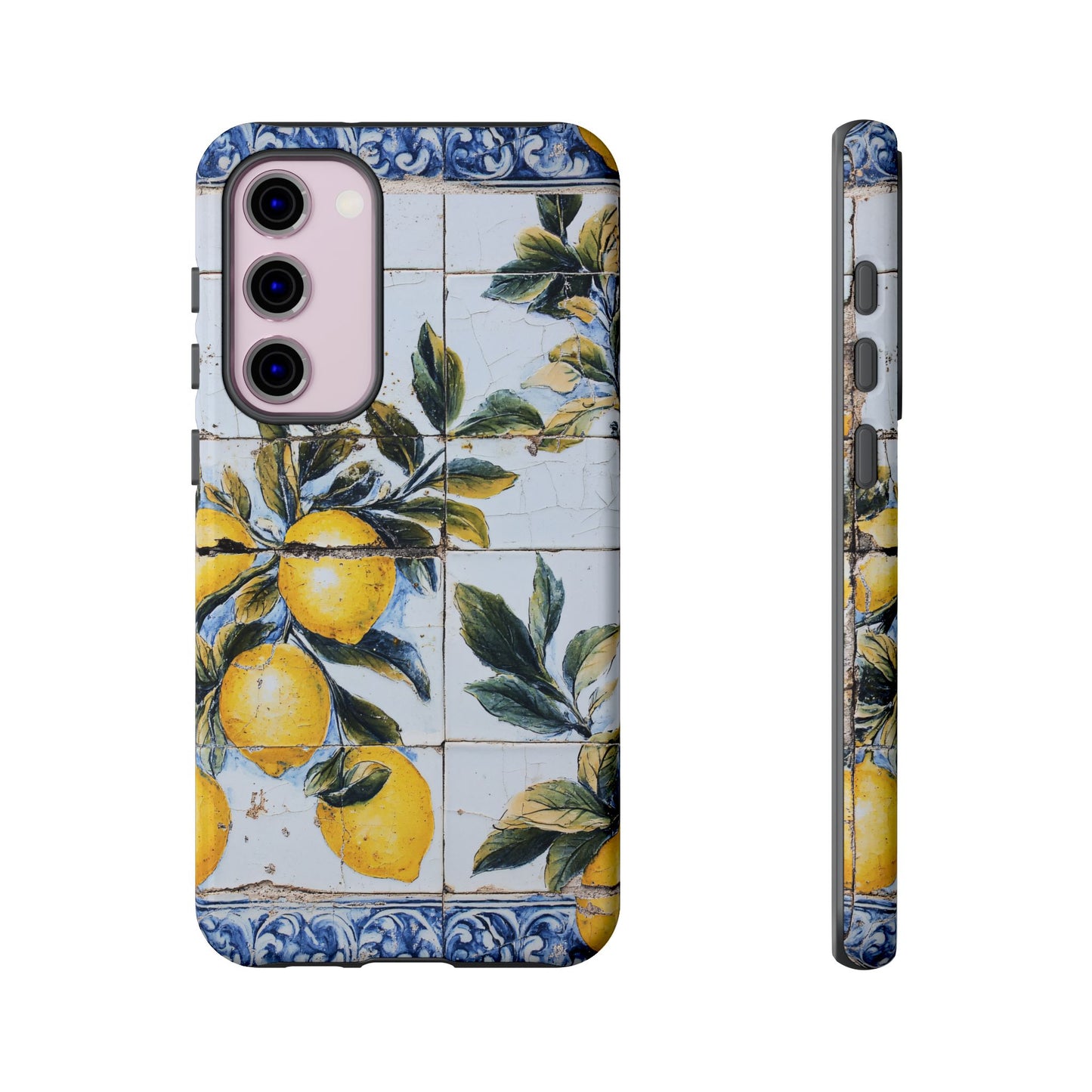 Phone Case, Coastal Tough Case With Lemons in Distressed Ceramic Tile Design, Protective Cover, Summer Accessory, Mediterranean Style iPhone