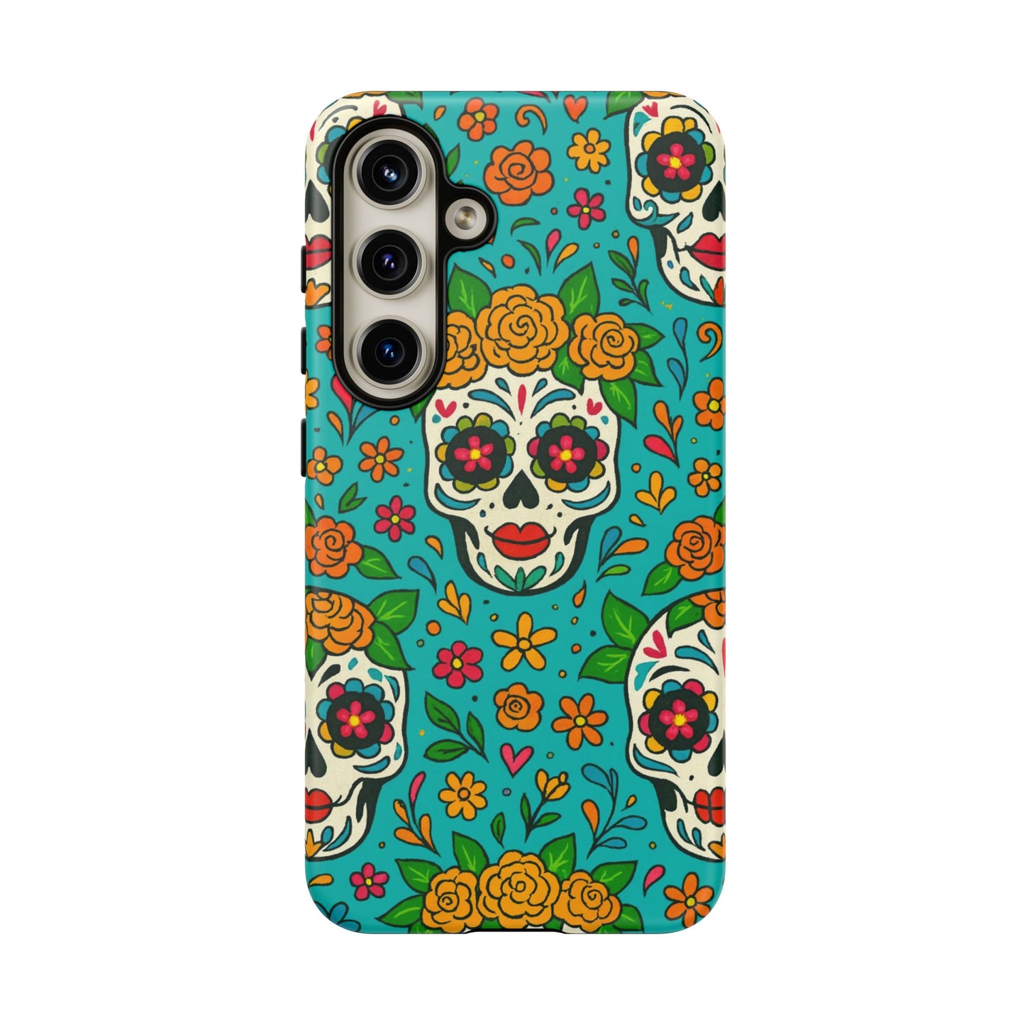 Teal Mexican Style Phone Cases With Floral Skulls - Dia De Los Muertos