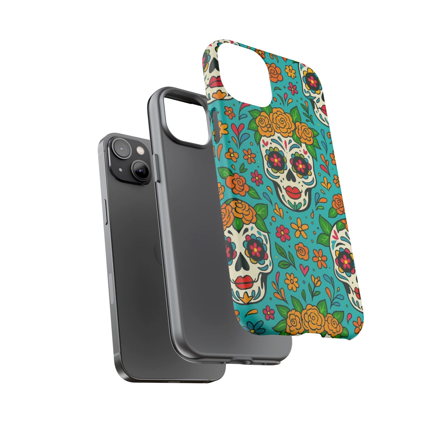 Teal Mexican Style Phone Cases With Floral Skulls - Dia De Los Muertos