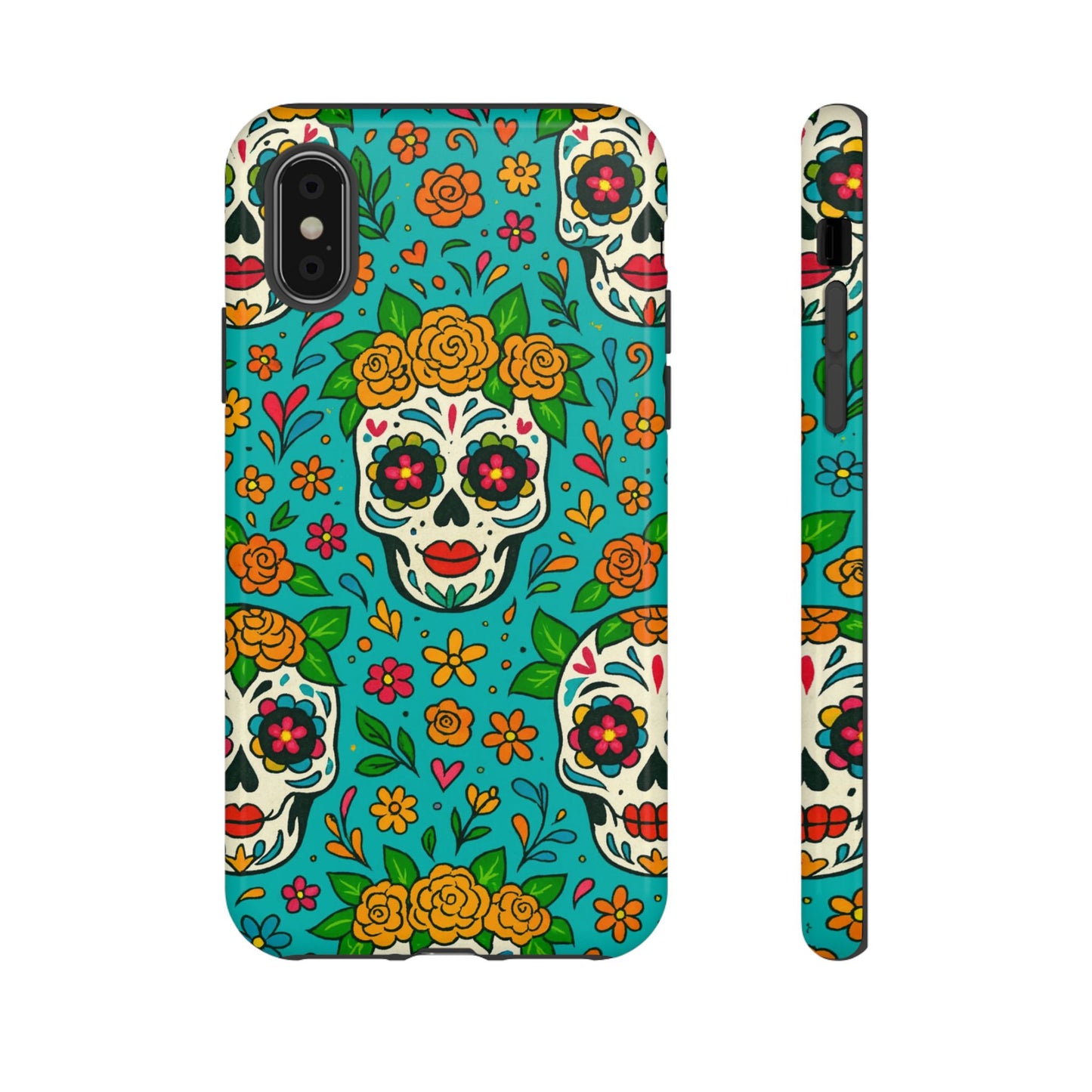 Teal Mexican Style Phone Cases With Floral Skulls - Dia De Los Muertos