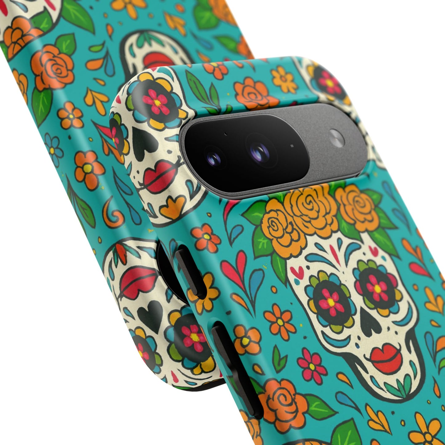 Teal Mexican Style Phone Cases With Floral Skulls - Dia De Los Muertos