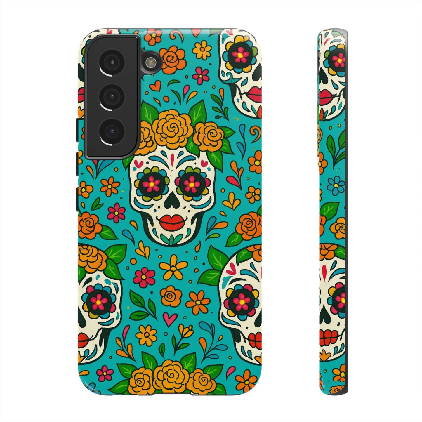 Teal Mexican Style Phone Cases With Floral Skulls - Dia De Los Muertos