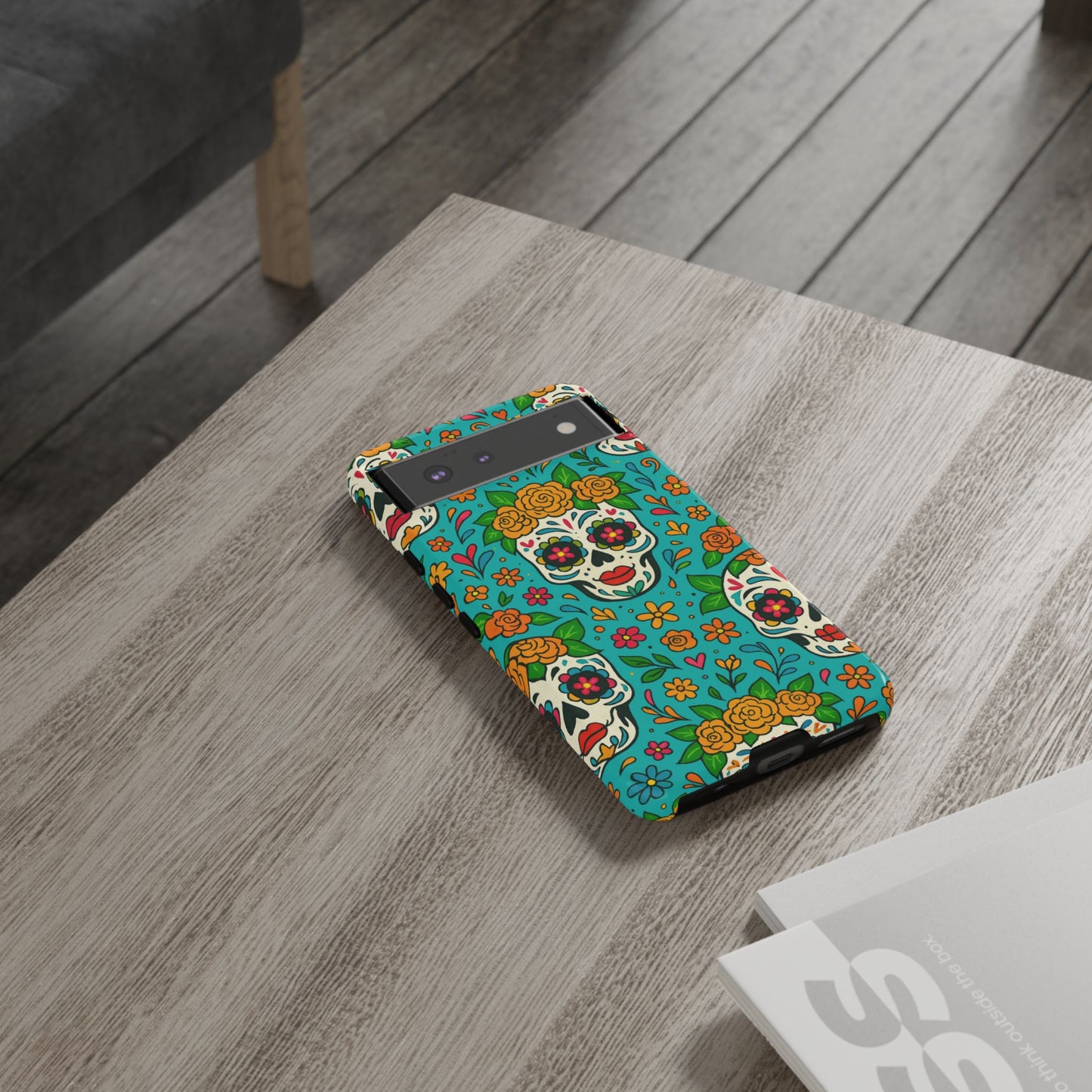 Teal Mexican Style Phone Cases With Floral Skulls - Dia De Los Muertos