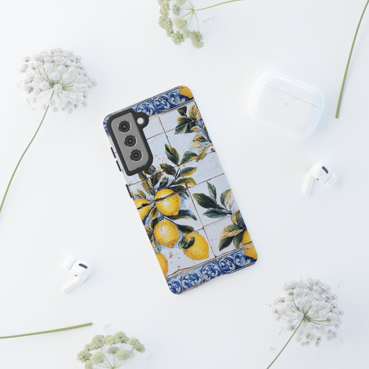 Phone Case, Coastal Tough Case With Lemons in Distressed Ceramic Tile Design, Protective Cover, Summer Accessory, Mediterranean Style iPhone