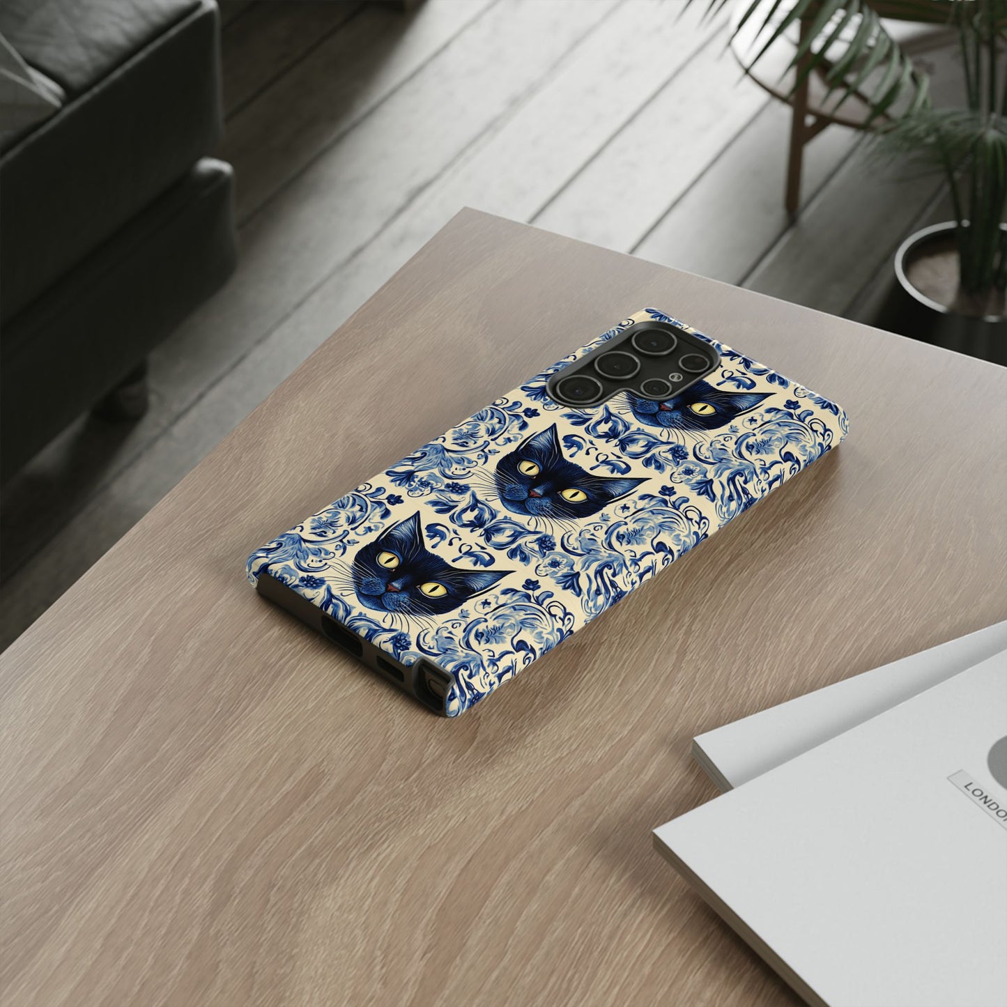Tough Phone Case - Mediterranean Tile Motif With Blue Cats