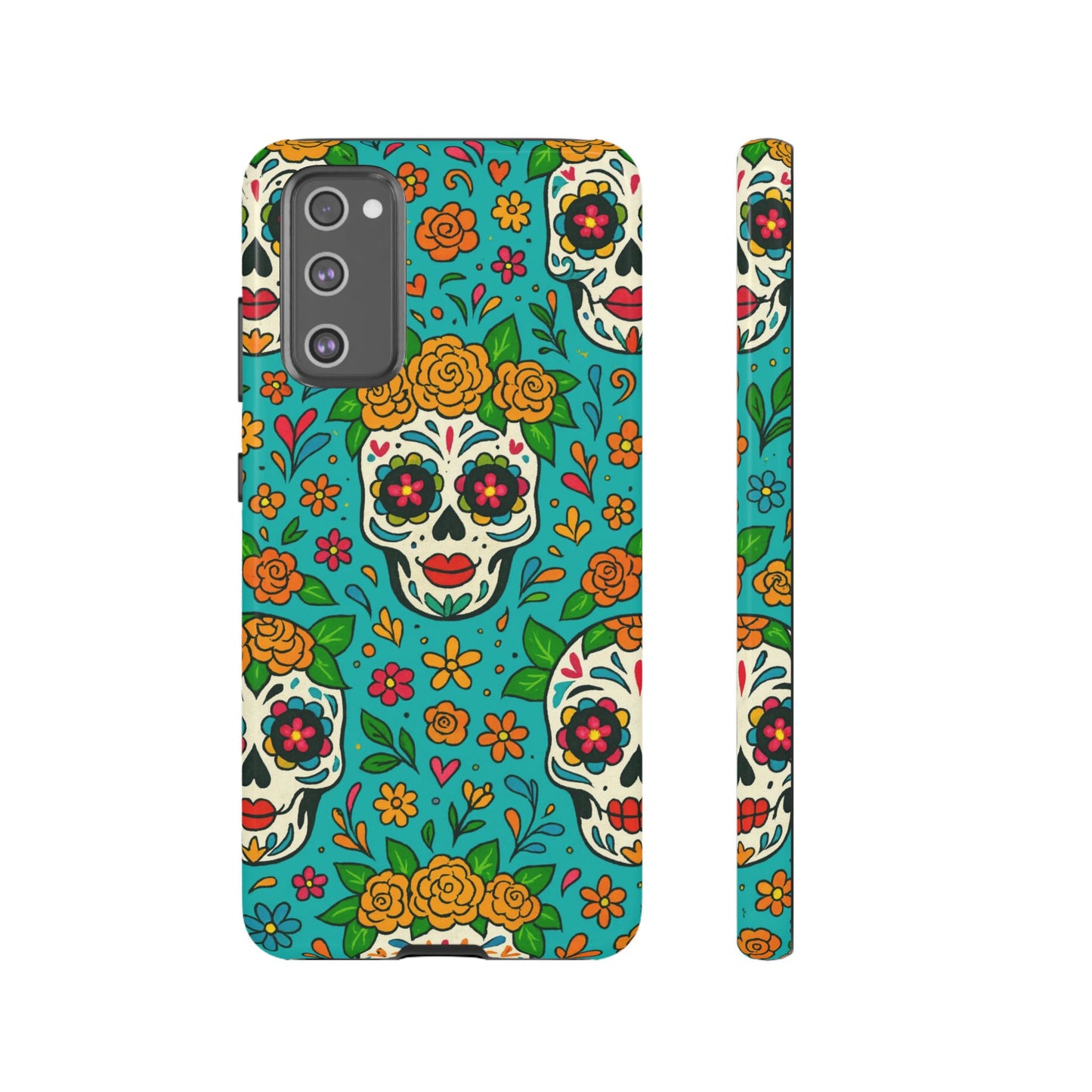 Teal Mexican Style Phone Cases With Floral Skulls - Dia De Los Muertos