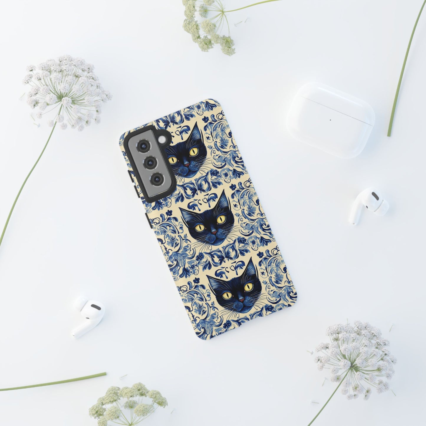 Tough Phone Case - Mediterranean Tile Motif With Blue Cats
