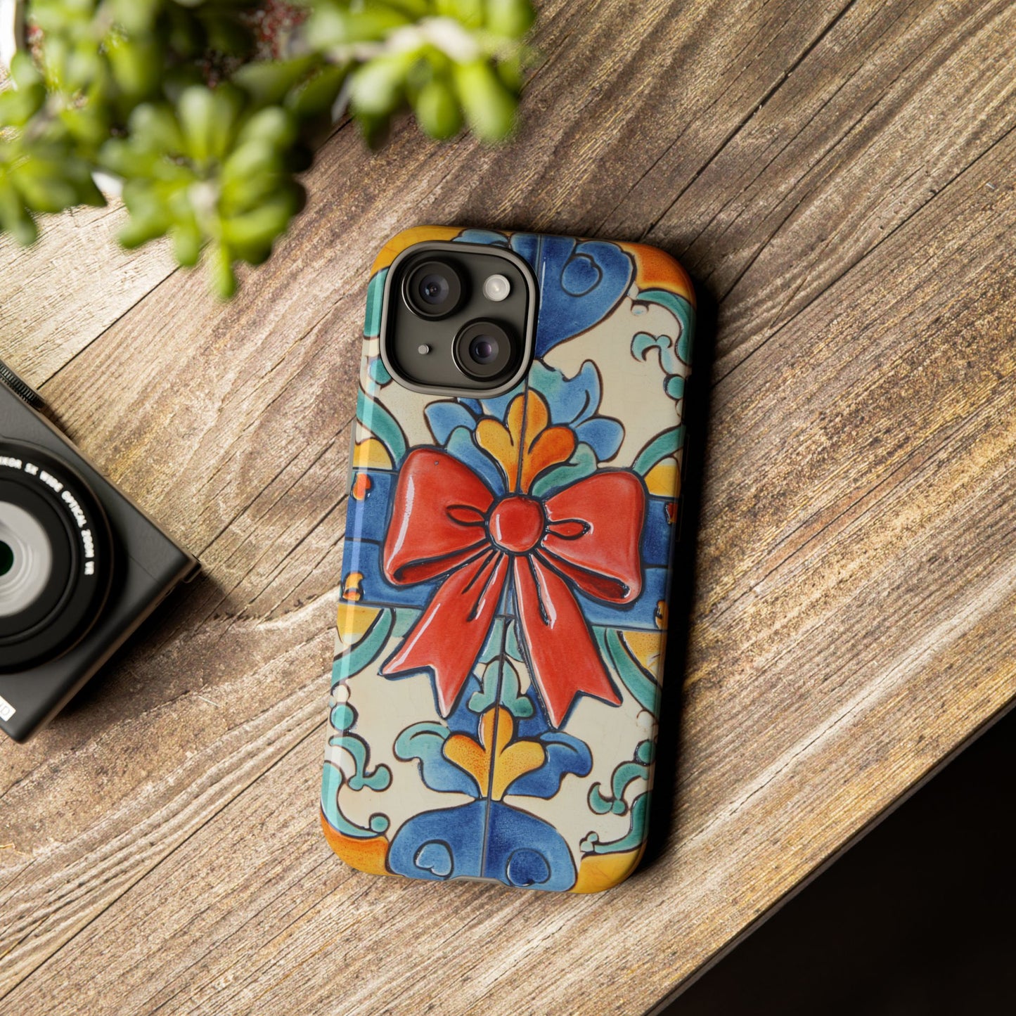 Colourful Ceramic Tile Design Phone Case With Red Bow